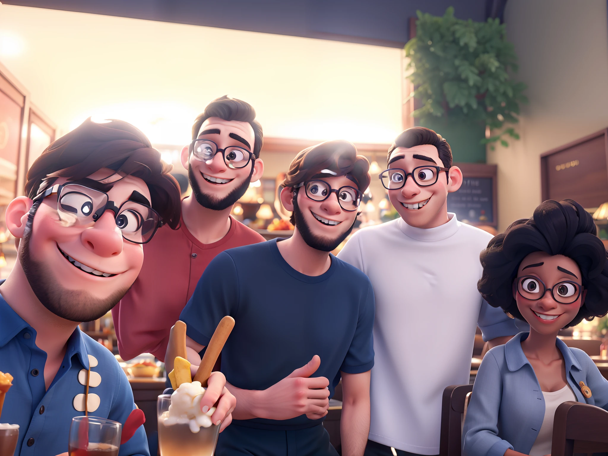 Disney Style Couple With Glasses Smiling In Restaurant.