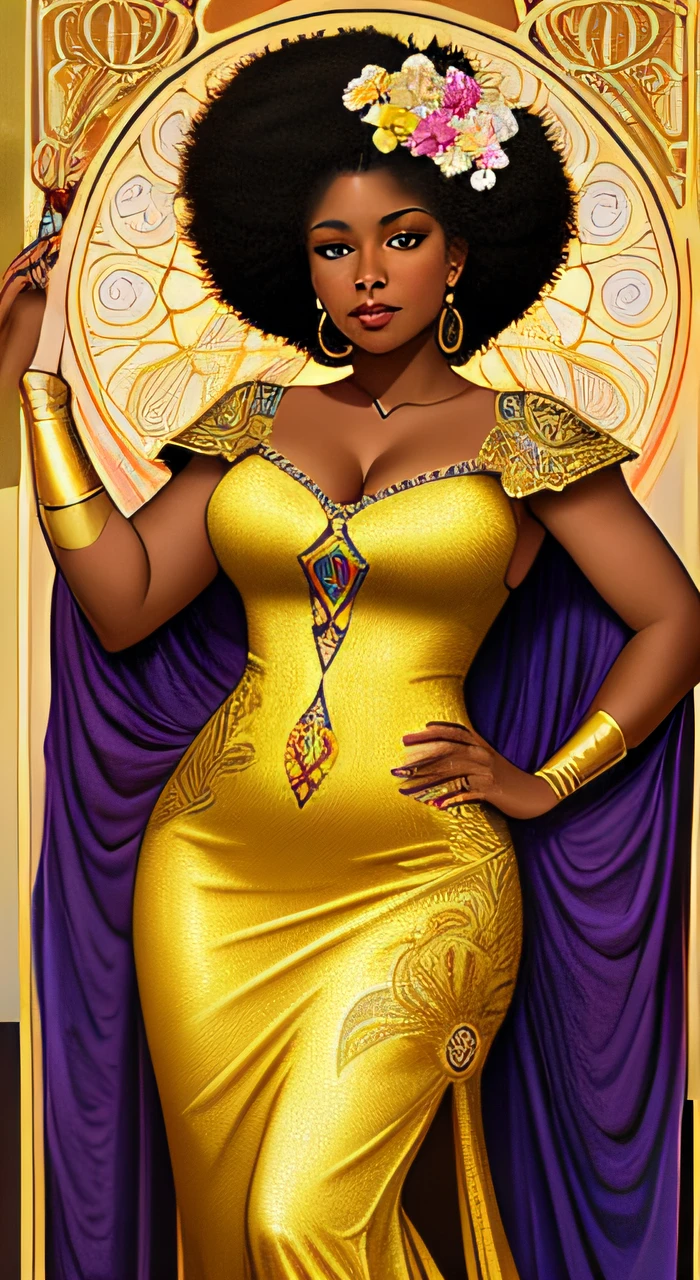 beautiful African woman, short ((golden)) dress that seems to flow like honey, dark skin