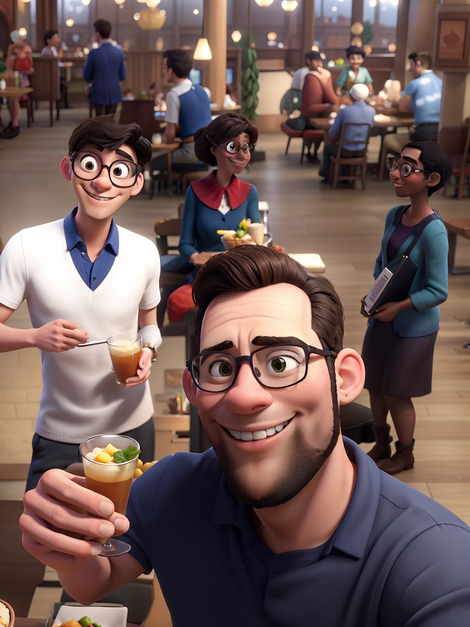 Disney Style Couple With Glasses Smiling In Restaurant.