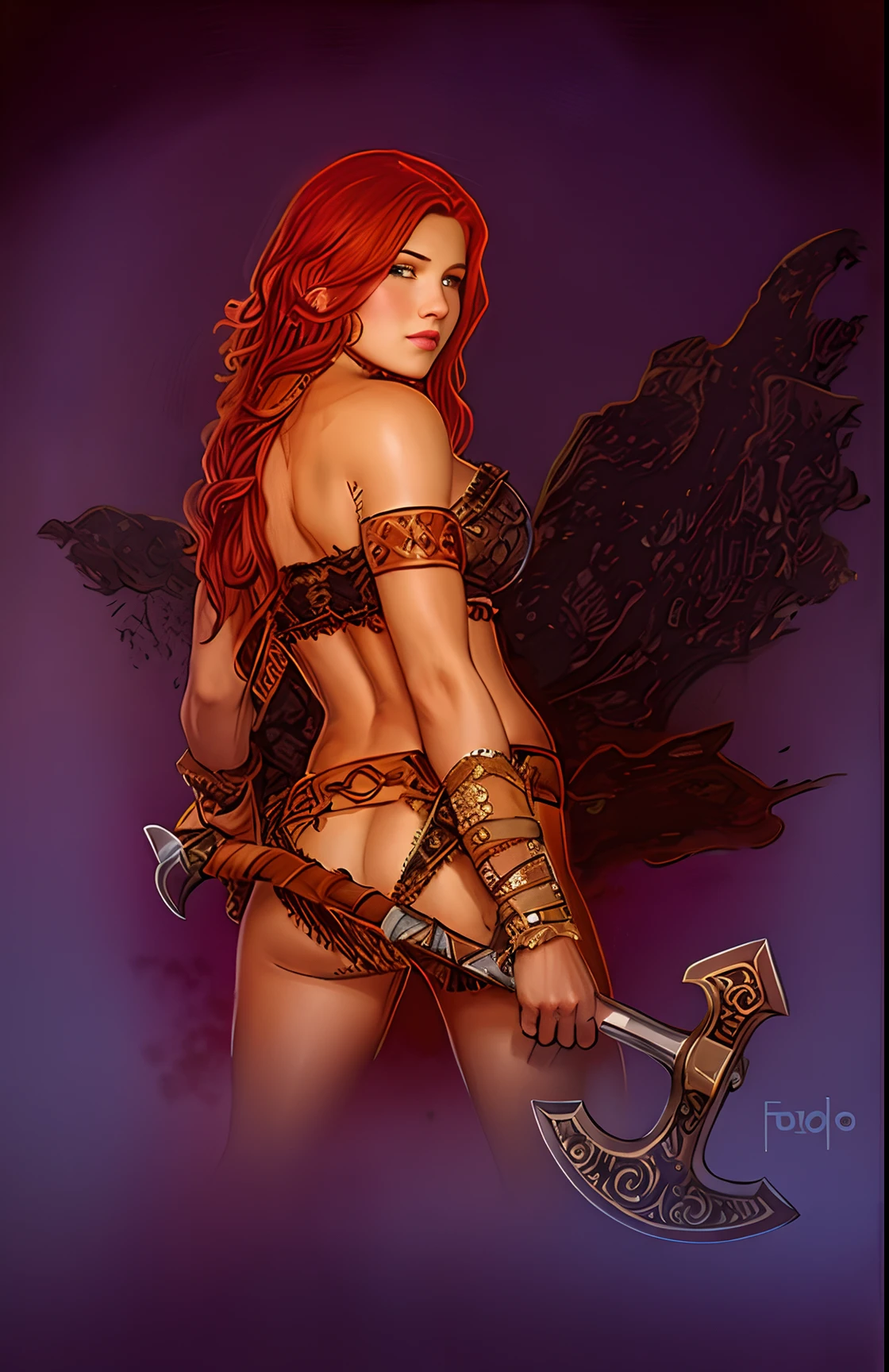 woman with an axe, portrait of a barbarian female, very beautiful female barbarian, red hair