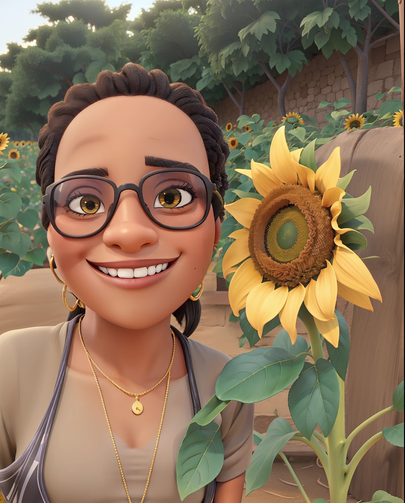 A smiling black woman wearing sunglasses next to a sunflower.