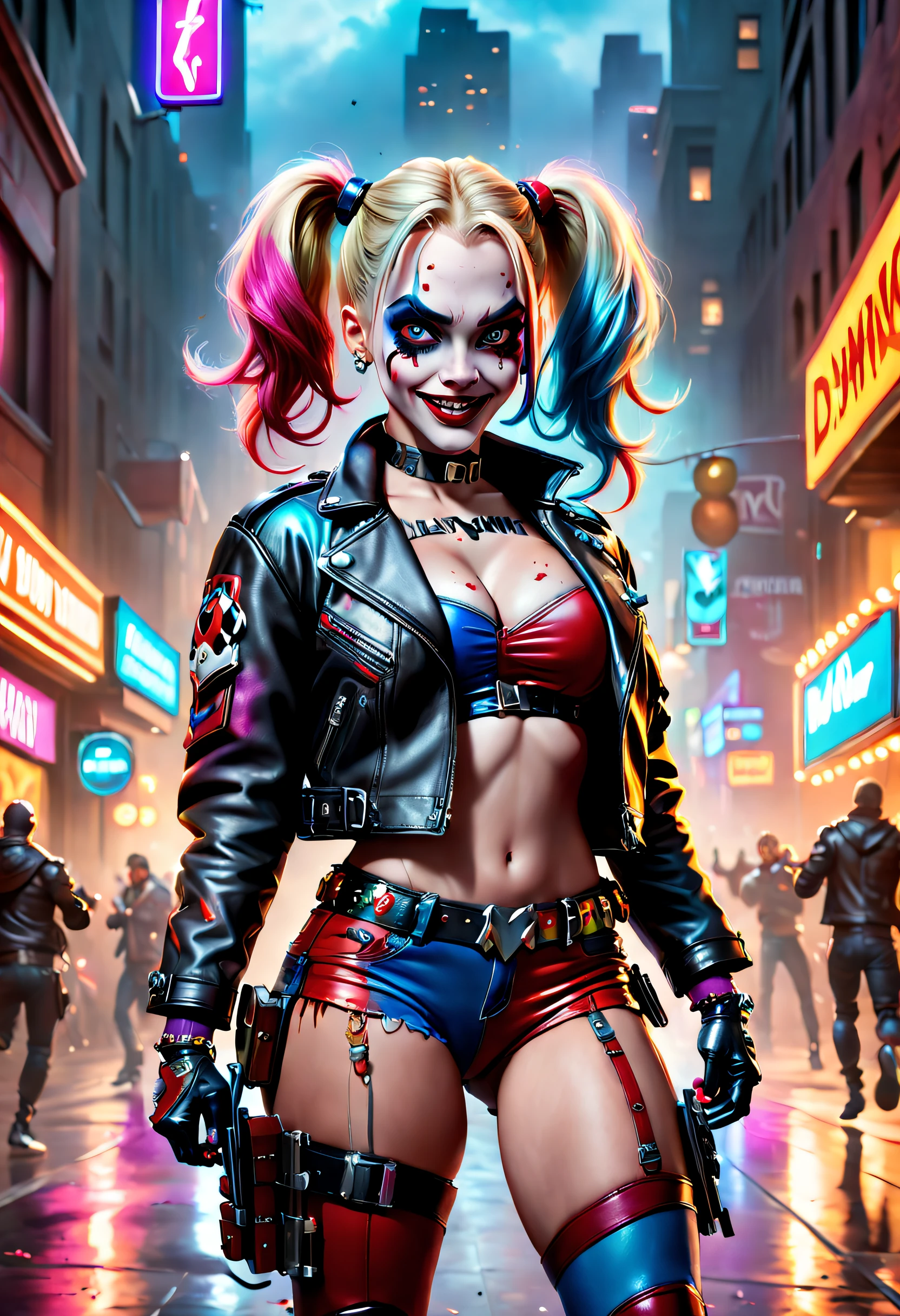 (Best quality,4K,8K,A high resolution,Masterpiece:1.2),Ultra-detailed,(Realistic,Photorealistic,photo-realistic:1.37),bright vibrant colors,of harley quinn，Armed with a Gatling in hand，dynamicposes, Leather jacket, Hair dyed in bright colors,Vintage vibes,Neon lights,Explosive energy,Futuristic technology,Fast-paced pacing,Exciting gameplay,Lively atmosphere,techno music,Upbeat rhythm,Competitive spirit,Dynamic movements,urban surroundings,High score,Glowing dance floor,Strobe light,Colorful costumes,Synchronized choreography,Talented dancers,audience cheering,Clever tricks,cheerful mood,immersive experience,An uplifting moment,Transform visual effects,Special props,The stage exists,positive vibe,Interactivity,striking visual effects,Thrilling challenges,Unforgettable memories