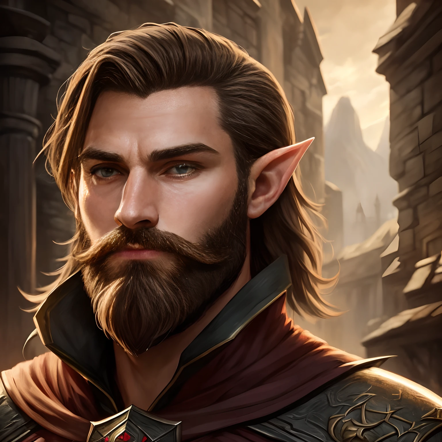 Half Elf with Short Beard, epic rpg portrait, Portrait masculin fantastique, RPG Portrait concept art, Male Prowler, Portrait de concept art fantastique, epic portrait illustration, detailed character portrait, Personnage Donjons et Dragons