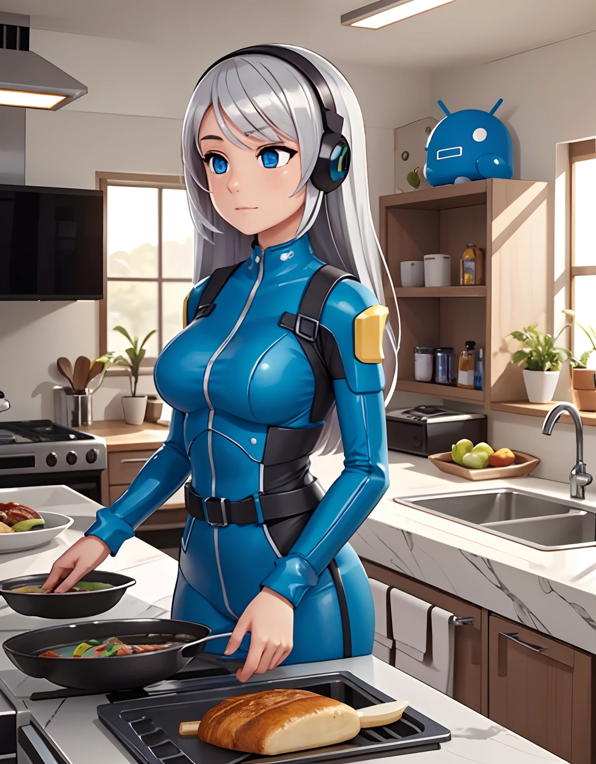 Mass-produced Android housewife assembly line. Display case. Silver skin, silver hair, blue eyes, nsfw