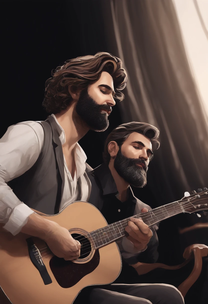 Dois personagens de desenho animado, One with a guitar and a thin beard, o outro mais alto e mais Barbudo, singing in super event written Andrey is Raffael