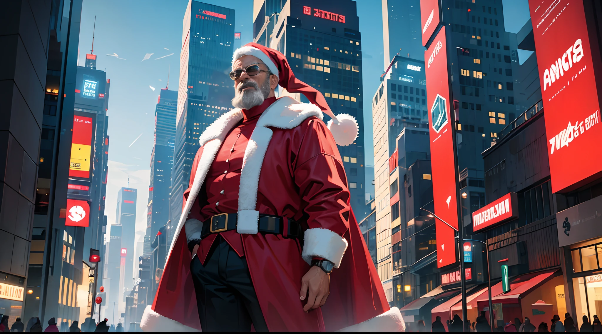 Santa Claus, cyberpunk style, futuristic city, cyborg Santa