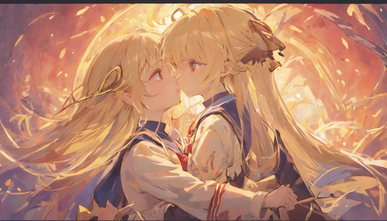 Two female elves,sailor uniformm,Same stature,Hold each other,The two bodies are close together,Kiss
