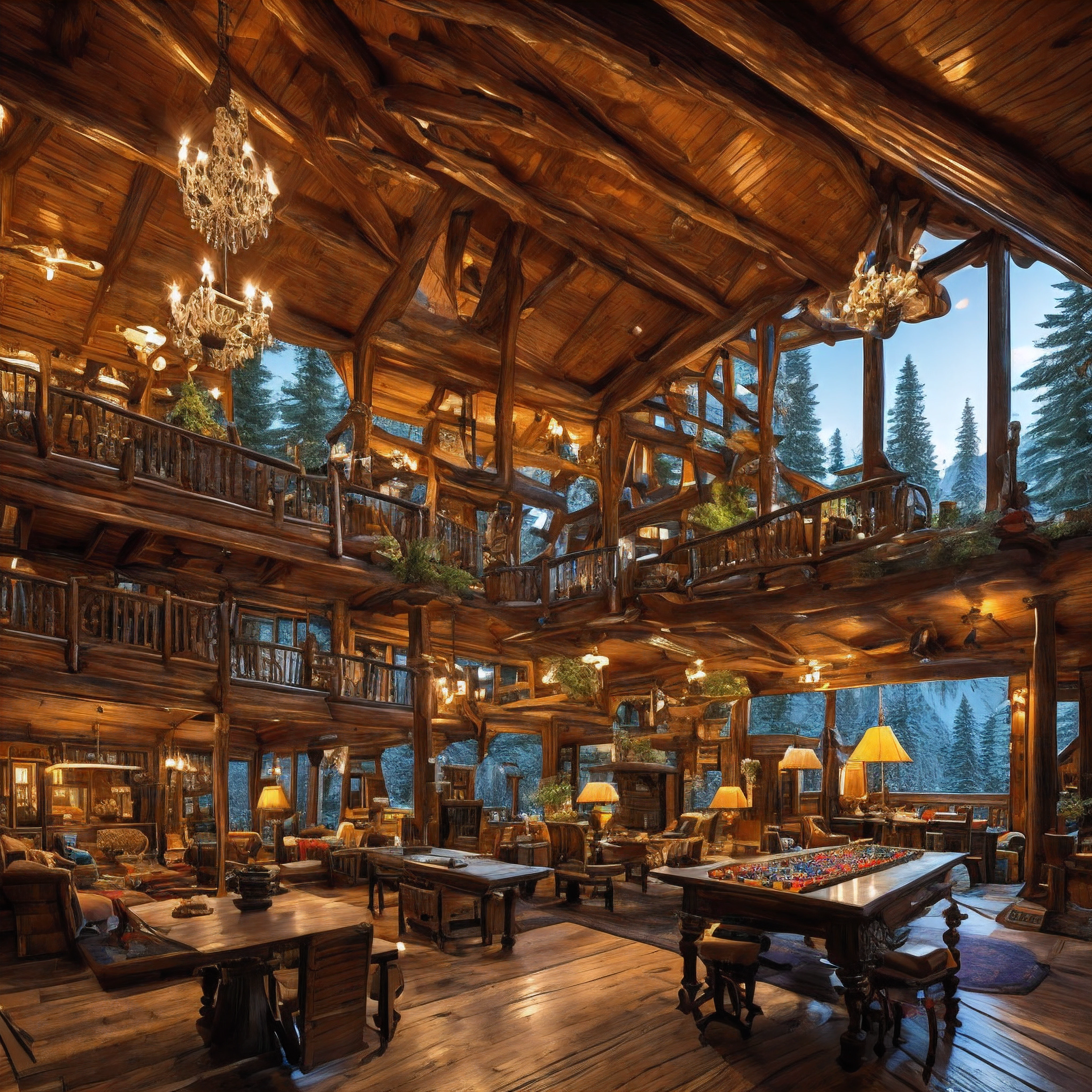 Nestled deep in an uncharted valley, surrounded by towering snow-capped mountains, sits a small wooden cabin. No signs of civilization are visible in any direction, just endless rugged wilderness. This land has never known the touch of a human being.

Inside the isolated cabin, a jumble of random objects create dissonance. A polished mahogany desk covered in engraved scrollwork sits in the middle of the dirt floor. On top of it lies a beat-up skateboard and scattered fast food wrappers.

In one corner, a luxurious canopy bed with silk sheets looks hugely out of place. Its ornately carved bedposts nearly touch the low log ceiling. A huge crystal chandelier hangs above it, slightly crooked.

The cabin's walls are bare except for a series of framed, signed Broadway musical posters. Their bright colors pop against the plain wood planks. Nearby leans a rack of bowling balls, gathering dust.

On a rough-hewn wooden table sits a chess set mid-game, overlooking a bubbling fish tank containing a model ship. The tank's pump hums loudly in the quiet wilderness.

The mismatched objects seem transported here by magic, making no sense in this untouched valley. It's a scene of clashing aesthetics and eras, totally disjointed against the remote rustic backdrop. A surreal chaos untainted by human hands.