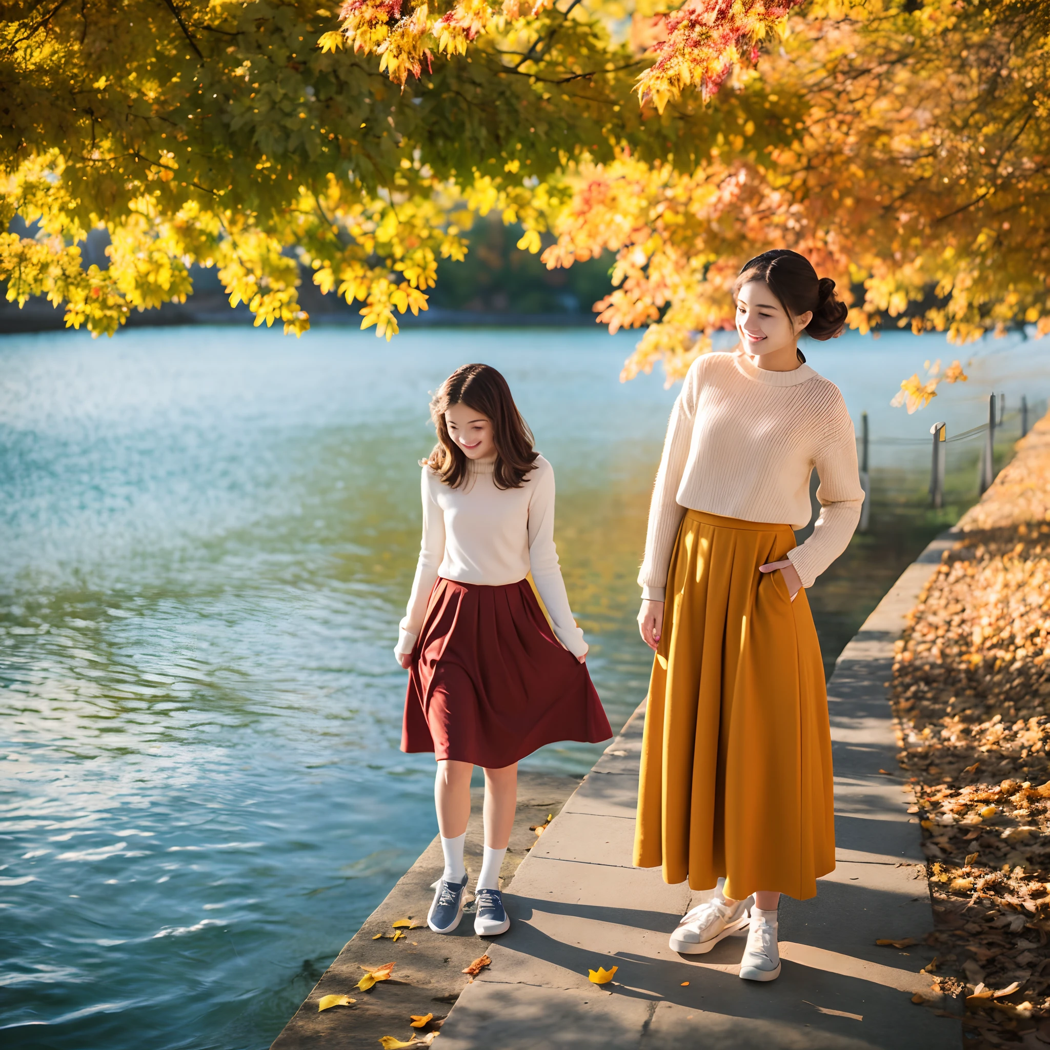 autumnal、Colored leaves、teens girl、Top image quality、8K、illustratio、bobhair、standing by the water、trainers、long  skirt、cute little、I'm looking at this