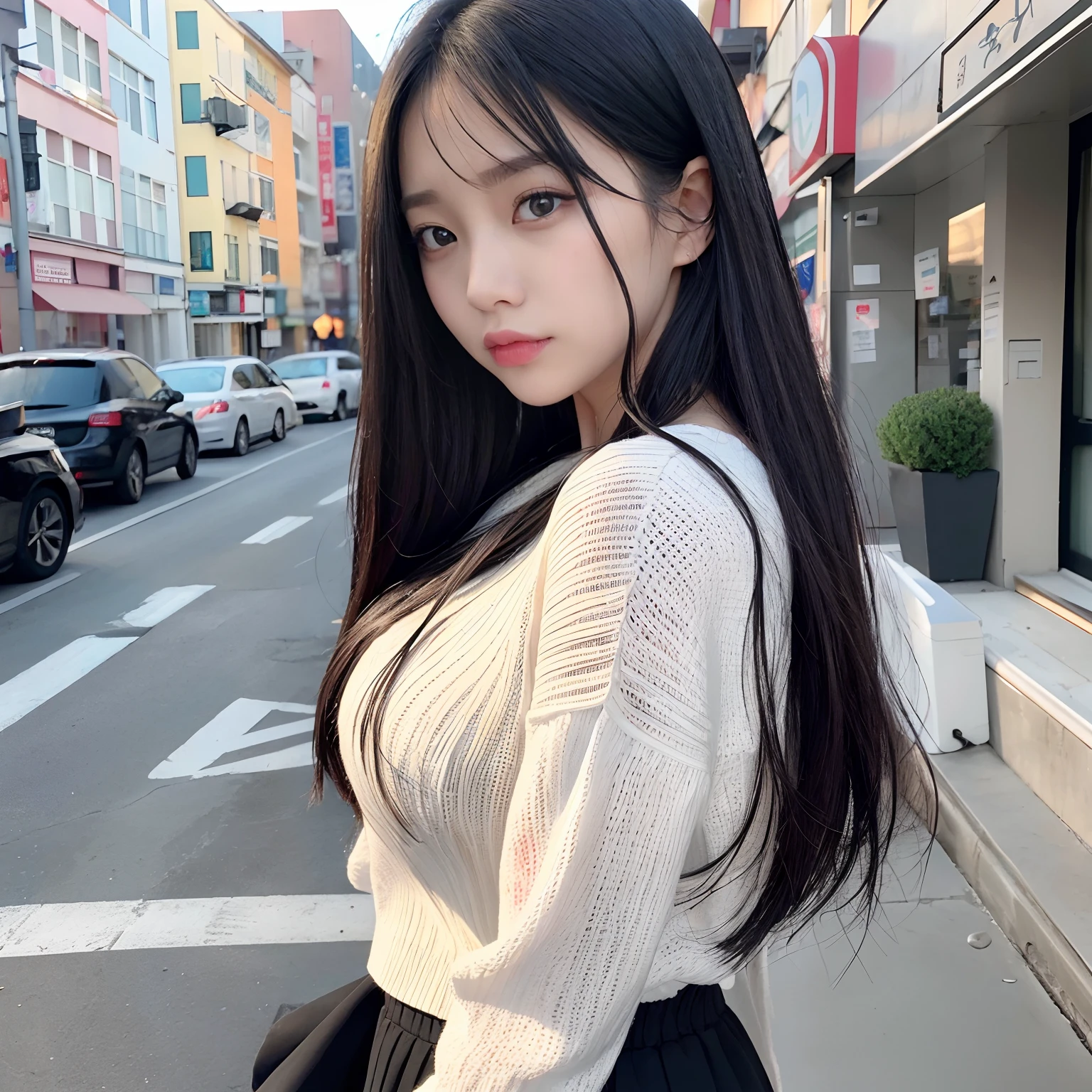 RAW photo of a girl、(masterpiece:1.1)、top-quality、超A high resolution、high detal、(Photorealsitic:1.4)、sharp、Focus、Details of face、(eyebrow piercing:1.1)、A detailed eye、A detailed face、1girl in、Long sleeve white high neck knit、Black tight skirt、(A dark-haired:1.2)、posterior view、Wagas、takeout、a street、straight haired、Hair quality improvement