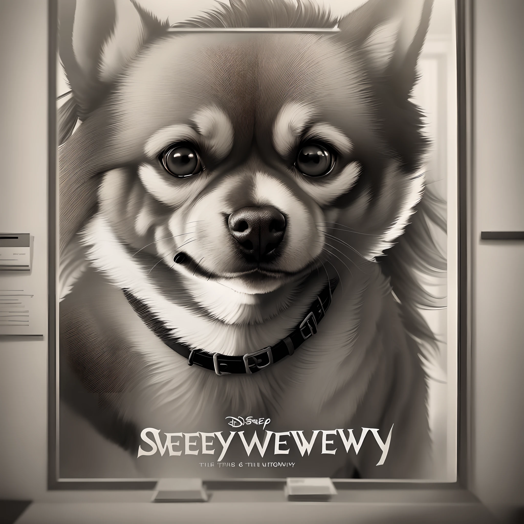 Disney movie poster with the title “Sweeney” with a black and white long hair Chihuahua that is a museum