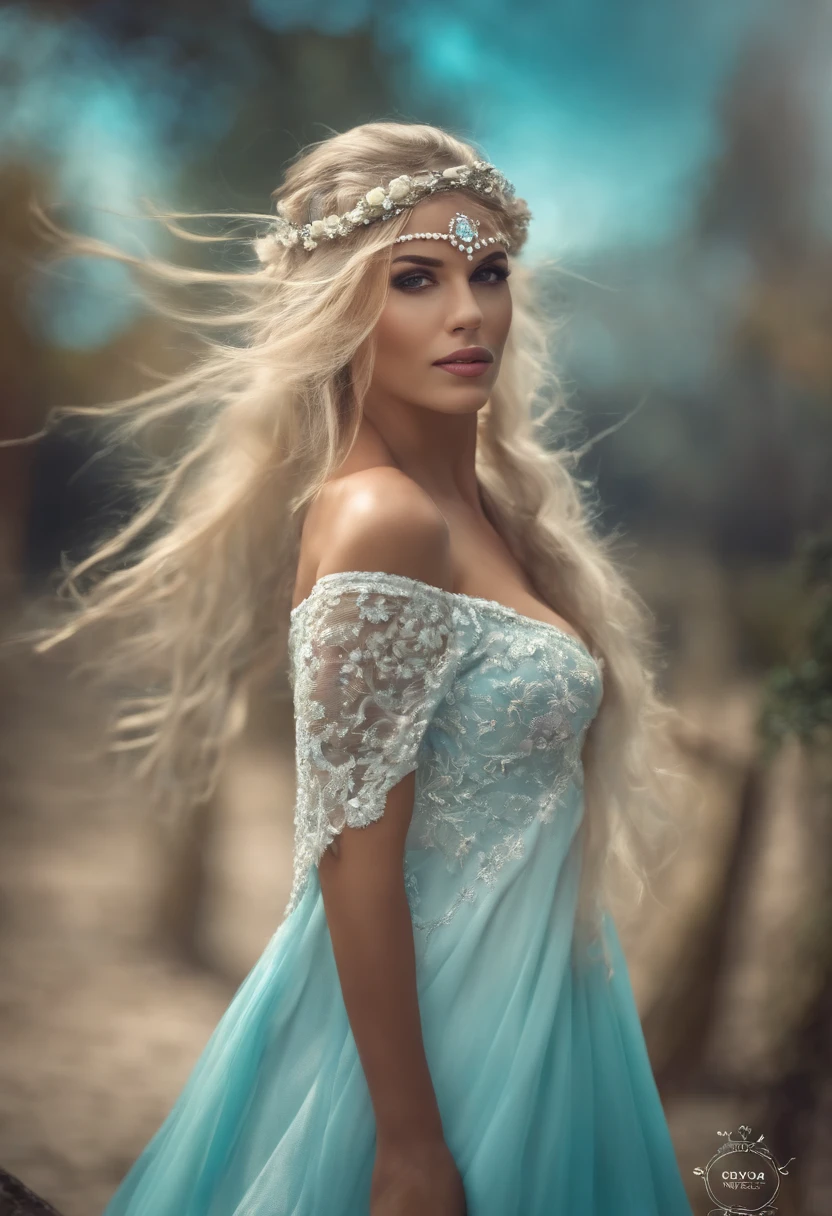 master part, best quality) Expressive and euphoric eyes, rosto perfeito, 1 mulher bonita atraente, corpo inteiro, pele parda, vestido branco oversized solta, ombros expostos, boca fechada sorriso brilhante, Cyan Twin Tails, olhos castanho escuros, cabelos ondulados e ruivos