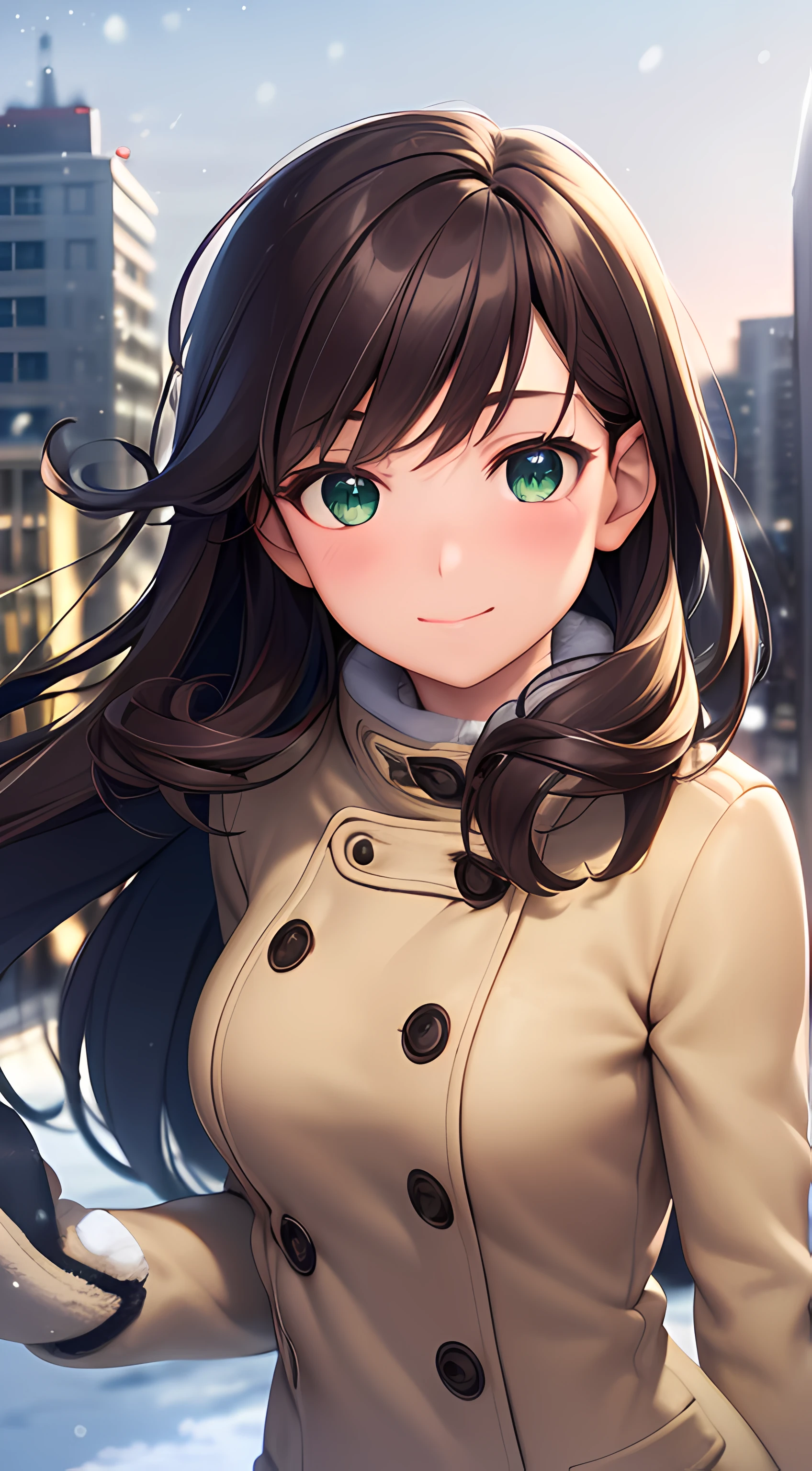 ((masterpiece, best quality, highres, UHD, perfect pixel, depth of field, 4k, RTX, HDR)), 1girl, single, solo, 24 years old, beautiful anime girl, beautiful artstyle, anime character, ((long hair, bangs, brown hair, curly hair)), (green eyes:1.4, rounded eyes, beautiful eyelashes, realistic eyes), (detailed face, blushing:1.2), (smooth texture:0.55, realistic texture:0.65, photorealistic:1.2, cinematic, anime CG style), medium breasts, perfect body, busty, (dynamic angle, pov, close up), ((winter clothes, long coats, mittens, gloves, long underwear)), night, night lamp, city lights, bokeh:1.4, (outdoor, city buildings, crowd), ((winter, snow, snow crystal, winter pine trees)), sly smile