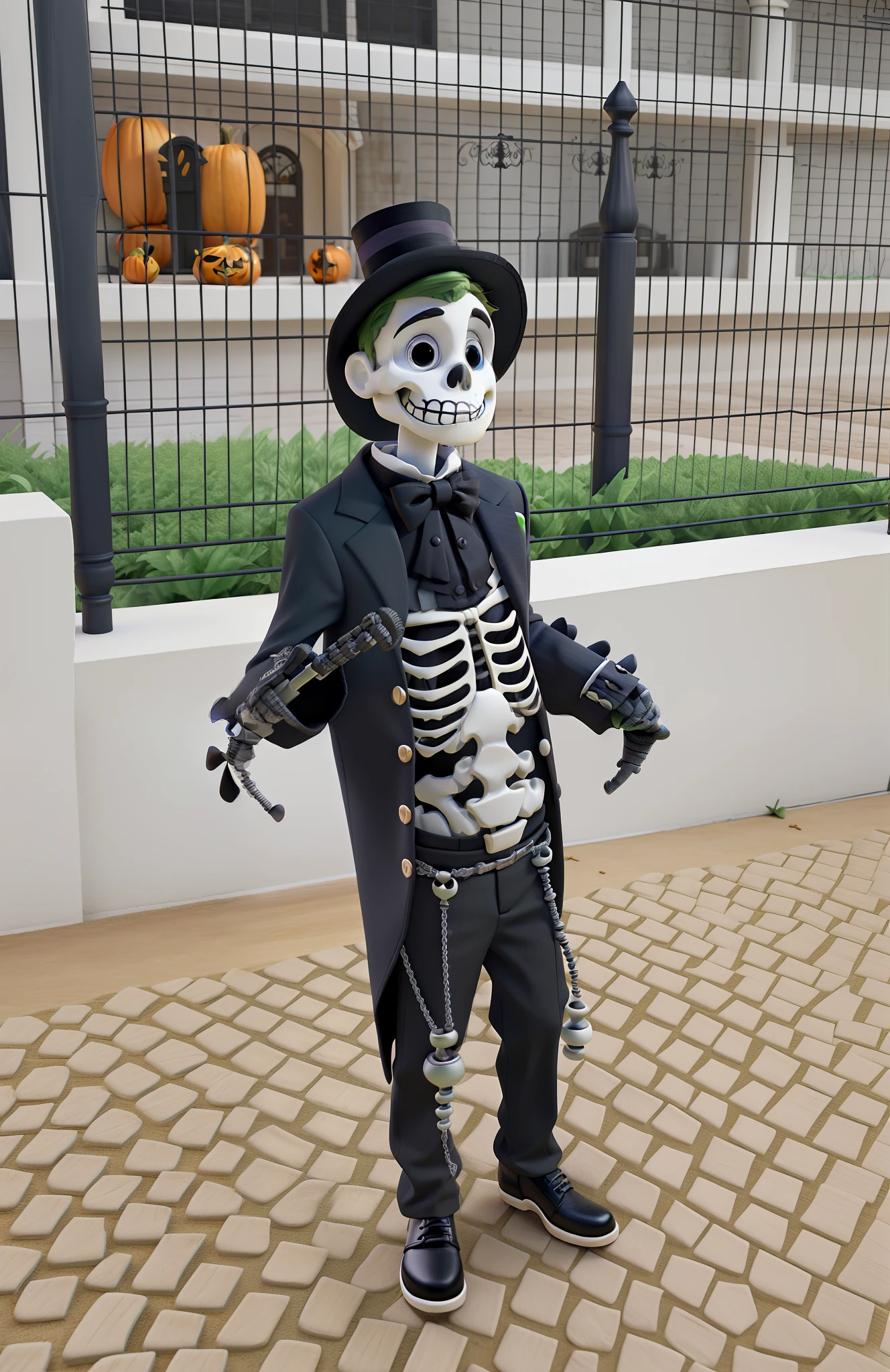 He's wearing a skeleton costume with a top hat, cabelos loiros e olhos verdes Em um estilo de Halloween Disney Pixar Style Halloween Skeleton Child, boy