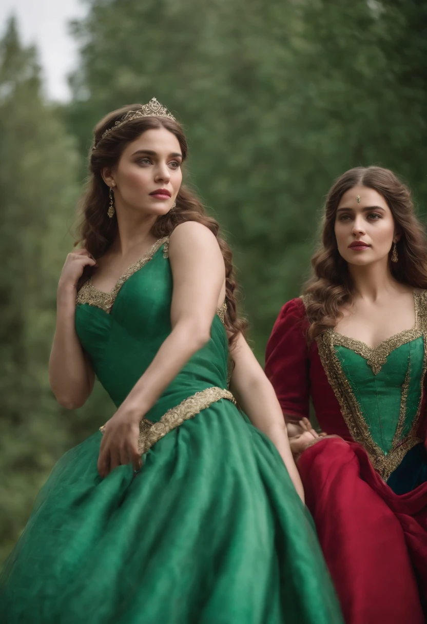retrato tres princesas, usando vestido verde e vermelho, loiras, com seios grandes, cabelo loiro ondulado