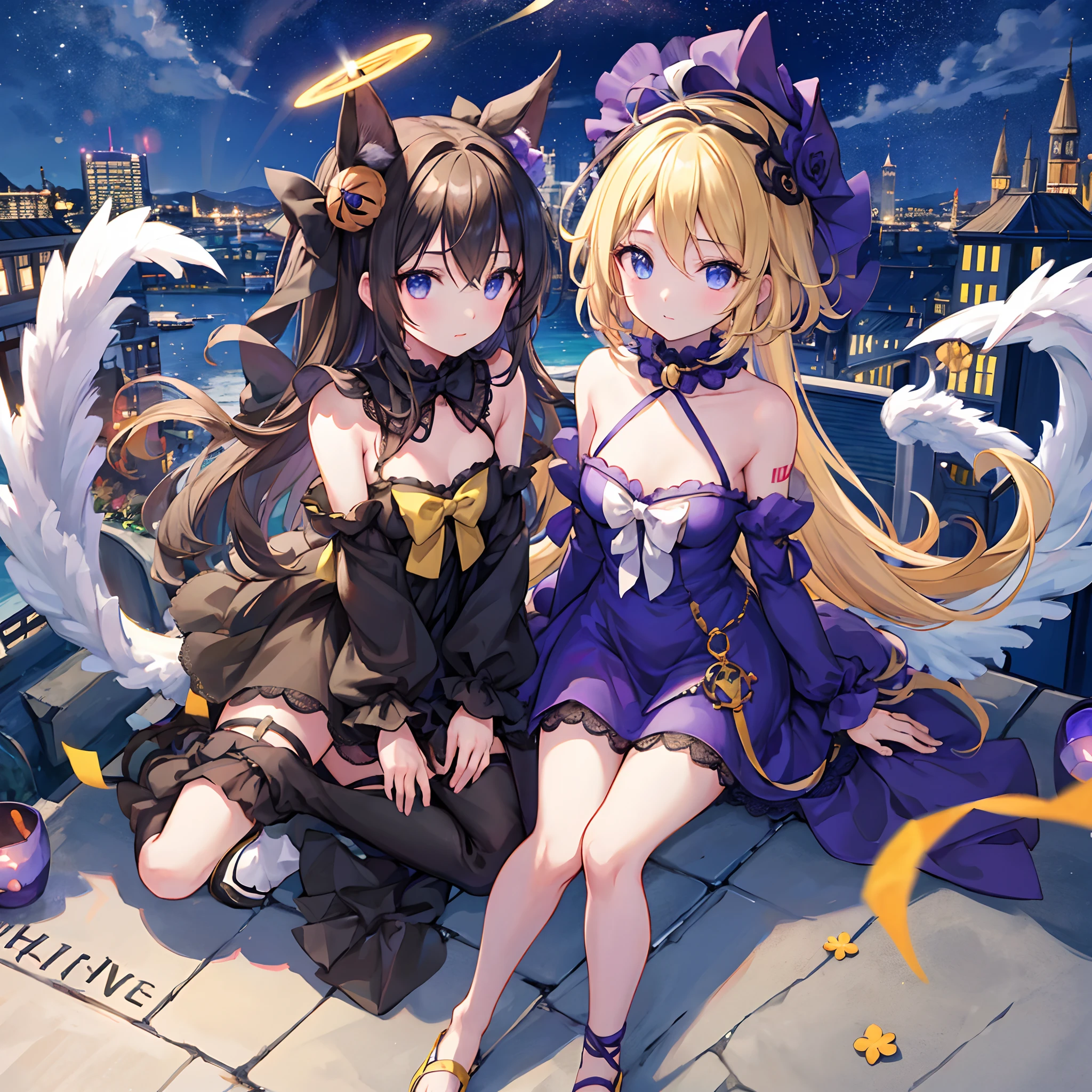 en 8K、highest qualityr、obra maestra、Ultra-detallado、Ultra-high resolution、((1 personas))、kagamine rin 、halloween, vestimenta de momia (traje revelador)、una rubia、Cabello trenzado、vestido negro、hombros desnudos、escote de la mama、Makeups、sombras de ojos、Una pulsera、Ciudad medieval、Sit on the roof、gato negro