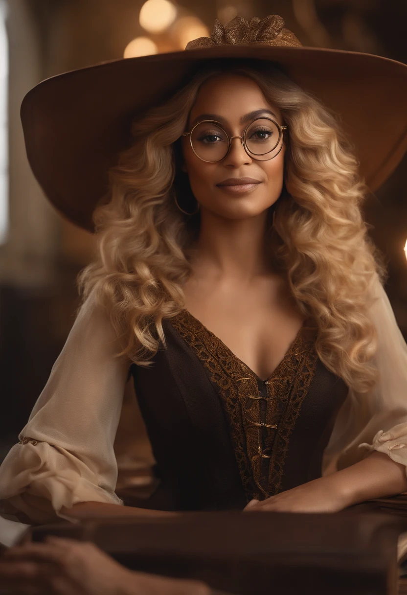 A Disney Pixar 3D-inspired film, a close-up of a woman with long curly hair, medium brown and golden blonde tips, and a witch dress wearing glasses , taken in early 2023, amante domme africana, she's facing the camera, imagem de perfil, linda senhora, looking-into-camera, Profile photo on head , mulher de 40 anos, PEDAGOGICAL COORDINATOR AT A TABLE WITH BOOKS