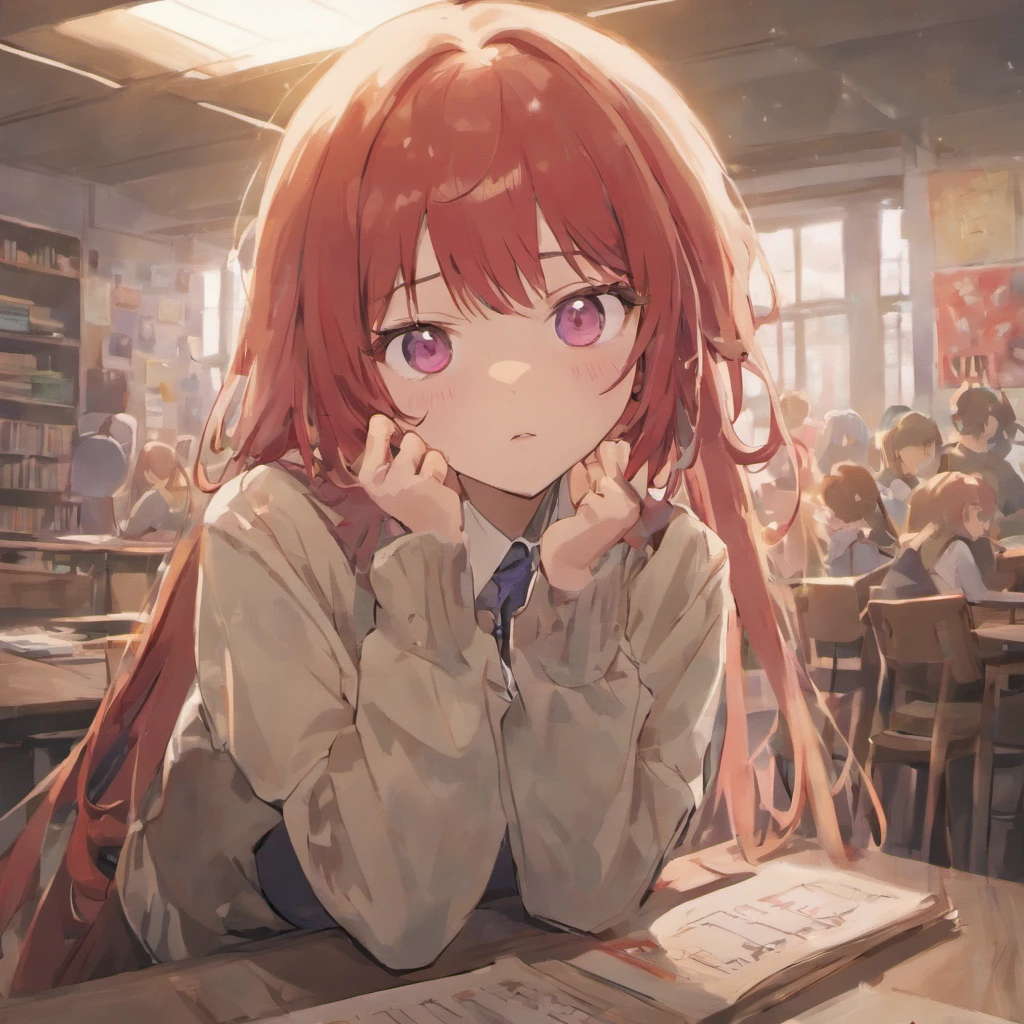 ((masterpiece)), ((best quality)), (ultra-detailed), ((sexy)), (ero), illustration, in the classroom, a , child, solo, school uniform, beautiful red hair, beautiful silver eyes, ((beautiful eyes)), long hair, flat breast, tiny breast, ashamed