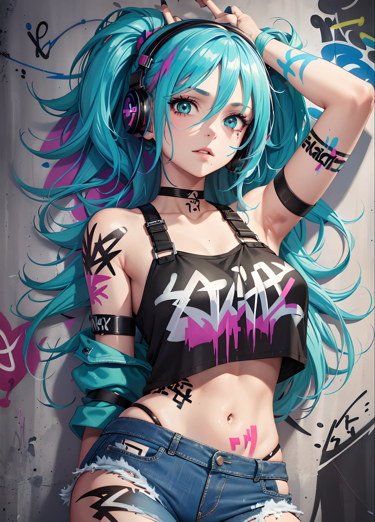 masterpiece, highest quality, One girl, alone, Crop top, No panties vagina, choker, (graffiti:1.5), Paint splashes, Put your arms behind your back, Against the wall, View Viewer, Armband, Thigh straps, body paint, Tilt your head, boredom, Multicolored Hair, Aqua Eye, headset,