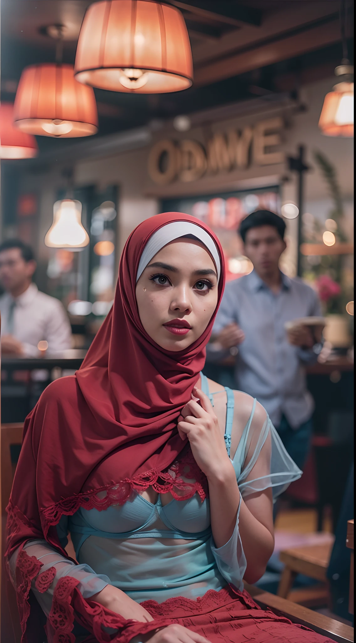 A photo of a young, nerdy malay woman in hijab sitting in a cafe with 1 malay men standing behind, wearing a pastel red lace bra and a bow, open leg, spread leg, surrounded by a cozy atmosphere, looking at the viewer.
Hijab, slender, red lips, transparent fabric, flirting with the camera,  Prores lense, Low angle shot, blue color grading, cinemascope, natural light, Dynamic shadows, horror film, high quality, ultra detail, 8k, Panavision DXL2 camera