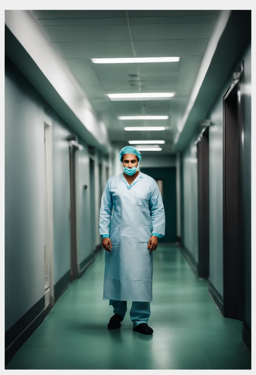 Male surgeon in exfoliation standing in a hallway, surgeon, medic, Emad Mostaque, surgical gown and scrubs on, medic, Amr Elshamy, Male physician, Mohamed Reda, facebook post, Sam Nassour, Ahmad Merheb, Hicham Habchi, imagem de perfil, Eytan Zana, cirurgia, Postagem no Reddit, Mohamed Chahin