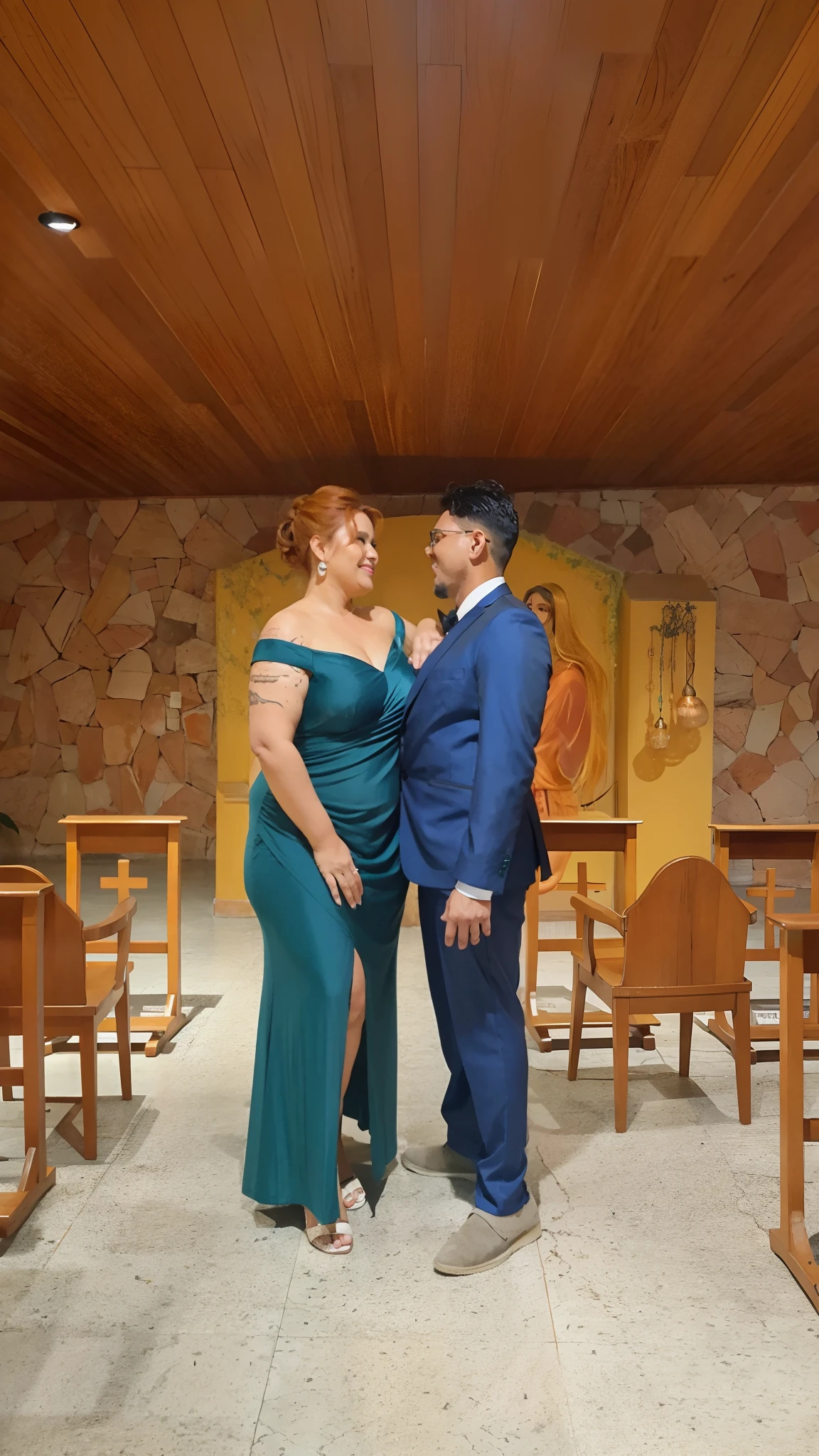 An elegant couple standing inside the church she is redhead with hair hairstyle tied up with bun, Skinny green dress, he's wearing a blue suit, dress shoes, prescription glasses, beard