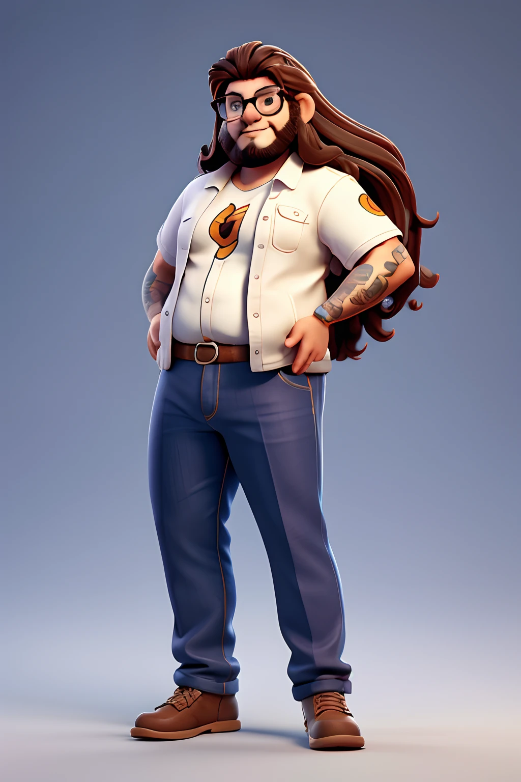 Tall strong chubby man with long hair with round glasses lion tattoo on left forearm playing white guitar