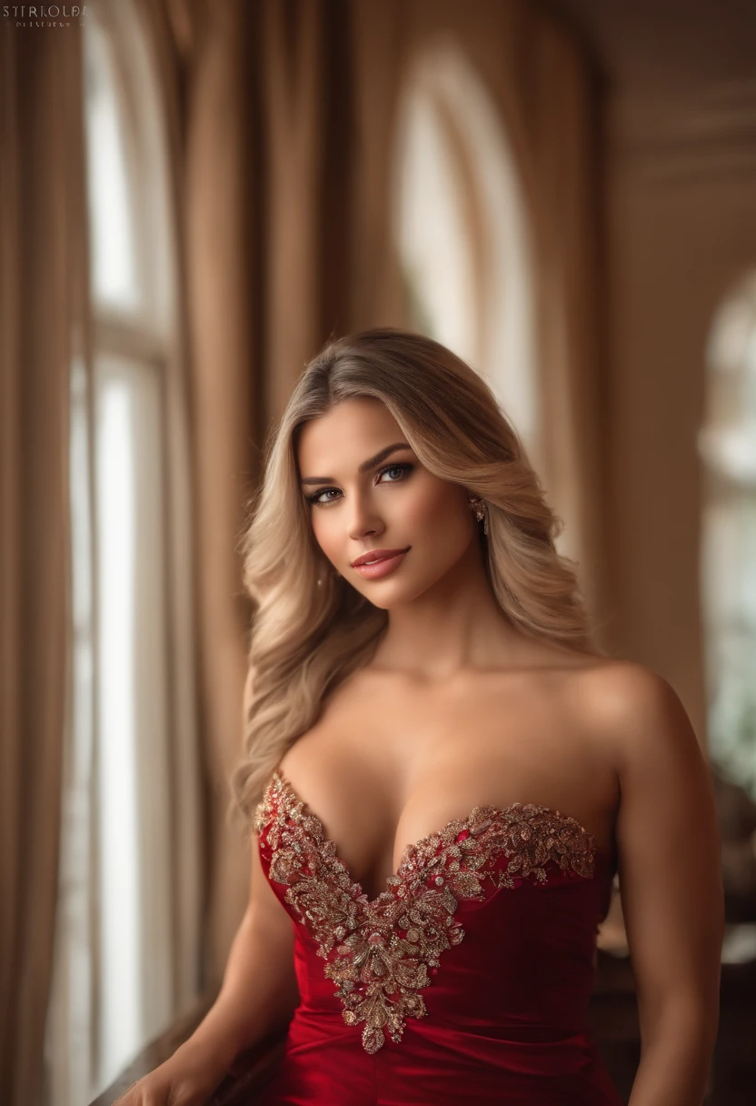 Beautiful South American woman fully , sexy girl with brown eyes, ultra realistic, meticulously detailed, blonde hair, selfie of a young woman, mansion , natural makeup, short red dress , looking directly at the camera, face with artgram, stunning full body .standing up large size bust; luxury room, big boobs, view beach