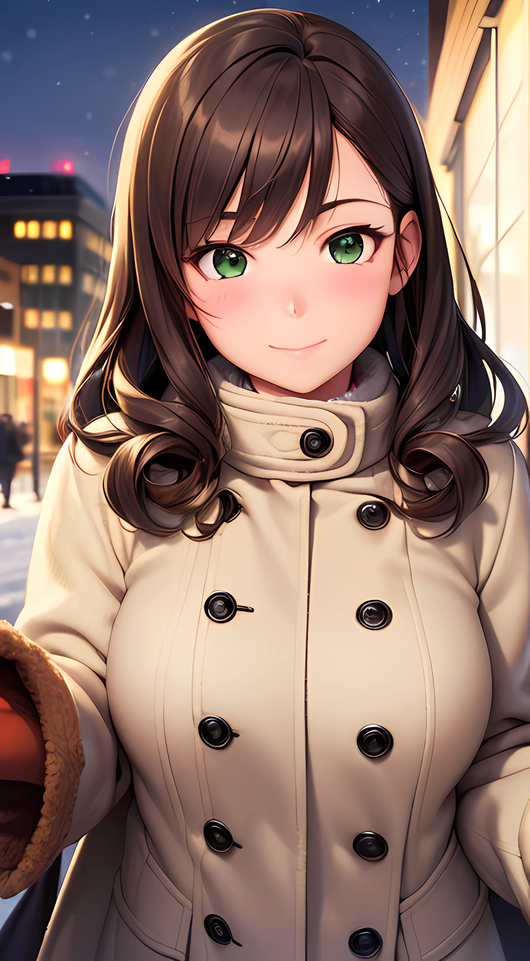 ((masterpiece, best quality, highres, UHD, perfect pixel, depth of field, 4k, RTX, HDR)), 1girl, single, solo, 24 years old, beautiful anime girl, beautiful artstyle, anime character, ((long hair, bangs, brown hair, curly hair)), (green eyes:1.4, rounded eyes, beautiful eyelashes, realistic eyes), (detailed face, blushing:1.2), (smooth texture:0.55, realistic texture:0.65, photorealistic:1.2, cinematic, anime CG style), medium breasts, perfect body, busty, (dynamic angle, pov, close up), ((winter clothes, long coats, mittens, gloves, long underwear)), night, night lamp, city lights, bokeh:1.4, (outdoor, city buildings, crowd), ((winter, snow, snow crystal, winter pine trees)), sly smile