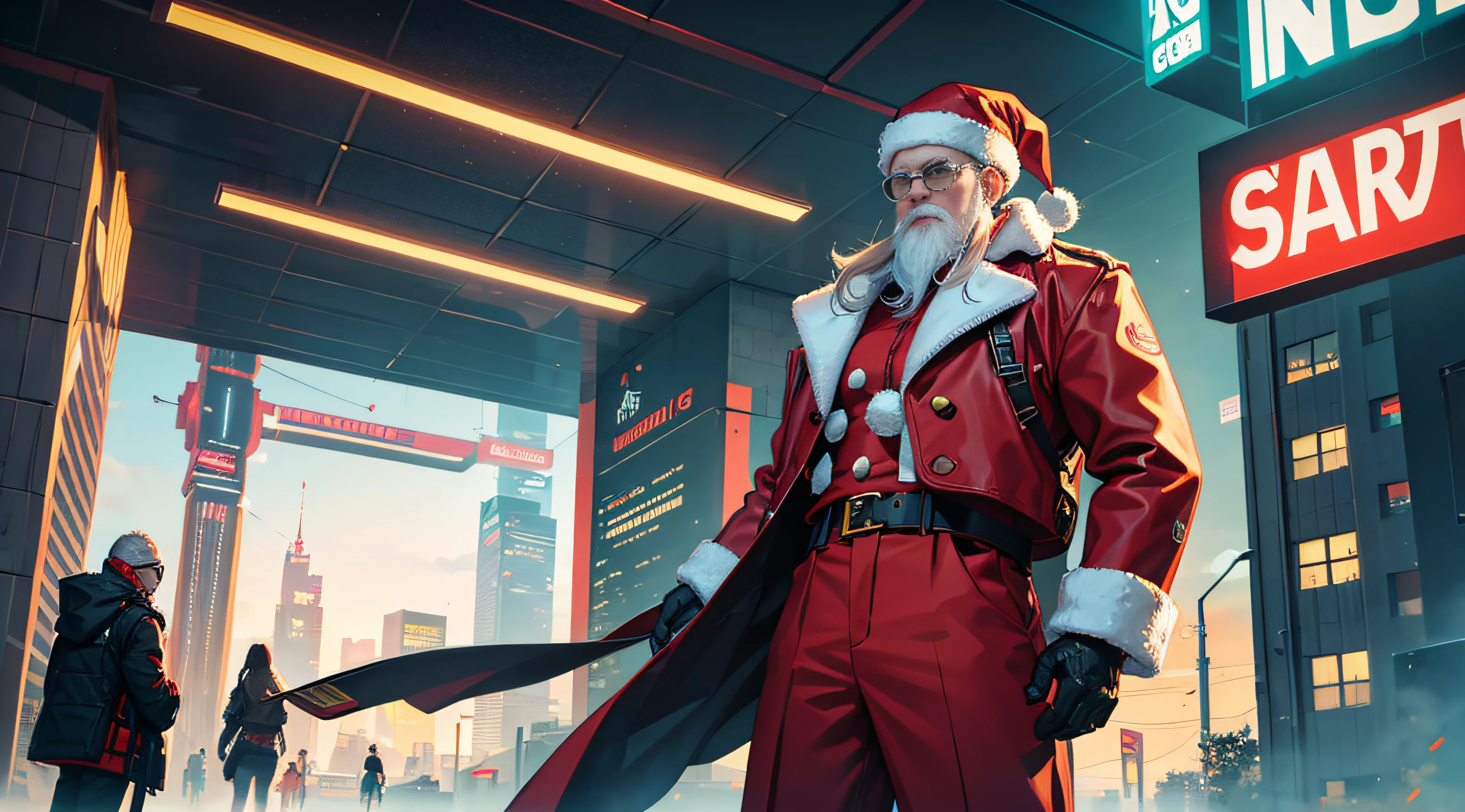 Santa Claus, cyberpunk style, futuristic city, cyborg Santa