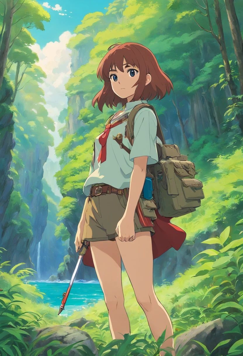 Imagine an anime-style girl with vibrant, flowing hair standing tall and confident. She holds an AK-47 rifle in her left hand, her fingers delicately resting on the trigger. In her right hand, she proudly carries the flag of West Papua, a symbol of her unwavering spirit and dedication to her cause. Her eyes exude determination as she stands against a backdrop of lush green forests and pristine waters. The scene embodies strength, unity, and the quest for justice in the heart of West Papua