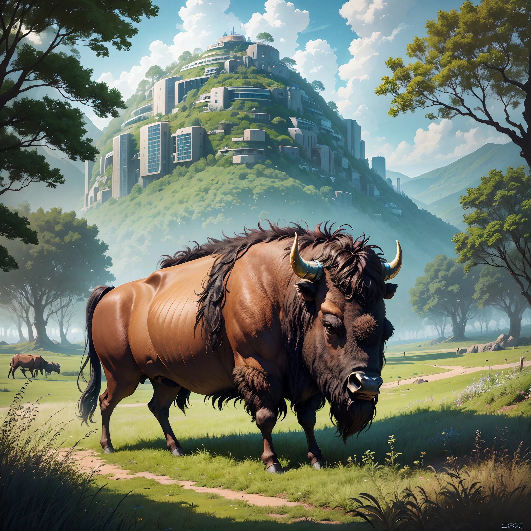 A futuristic landscape with vegetation and meadows. In the background is a futuristic, ecological city. In the foreground is a metal bison grazing in the meadow. Realistic photo. 4K photo --auto --s2