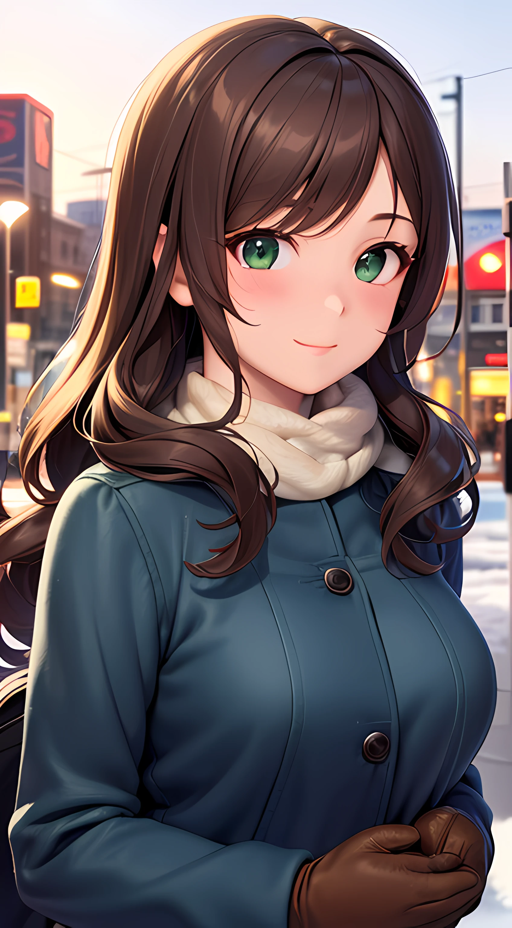 ((masterpiece, best quality, highres, UHD, perfect pixel, depth of field, 4k, RTX, HDR)), 1girl, single, solo, 24 years old, beautiful anime girl, beautiful artstyle, anime character, ((long hair, bangs, brown hair, curly hair)), (green eyes:1.4, rounded eyes, beautiful eyelashes, realistic eyes), (detailed face, blushing:1.2), (smooth texture:0.55, realistic texture:0.65, photorealistic:1.2, cinematic, anime CG style), medium breasts, perfect body, busty, (dynamic angle, pov, close up), ((winter clothes, long coats, mittens, gloves, long underwear)), night, night lamp, city lights, bokeh:1.4, (outdoor, city buildings, crowd), ((winter, snow, snow crystal, winter pine trees)), sly smile