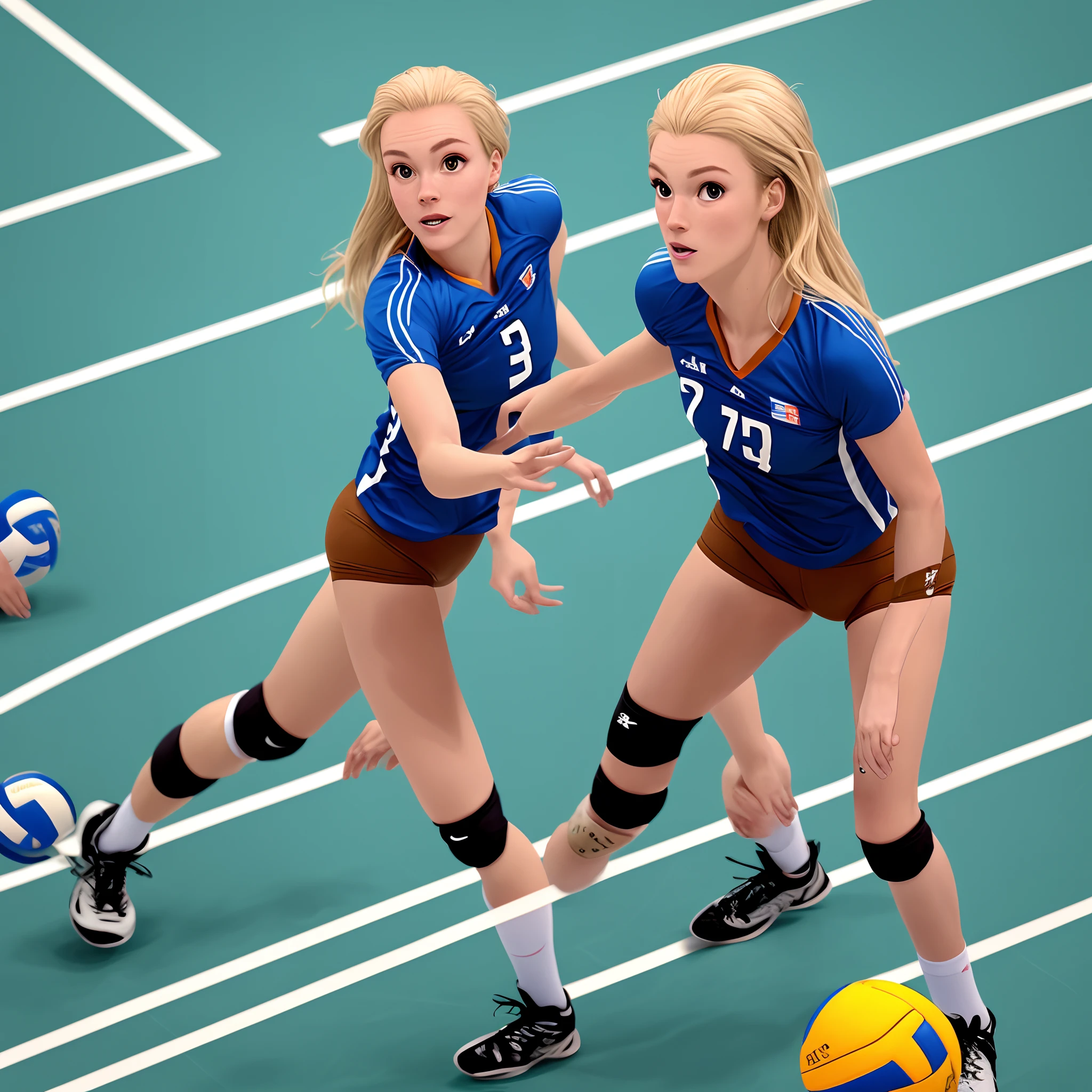 Estilo pixar, Woman with blond hair with light brown eyes on a volleyball court