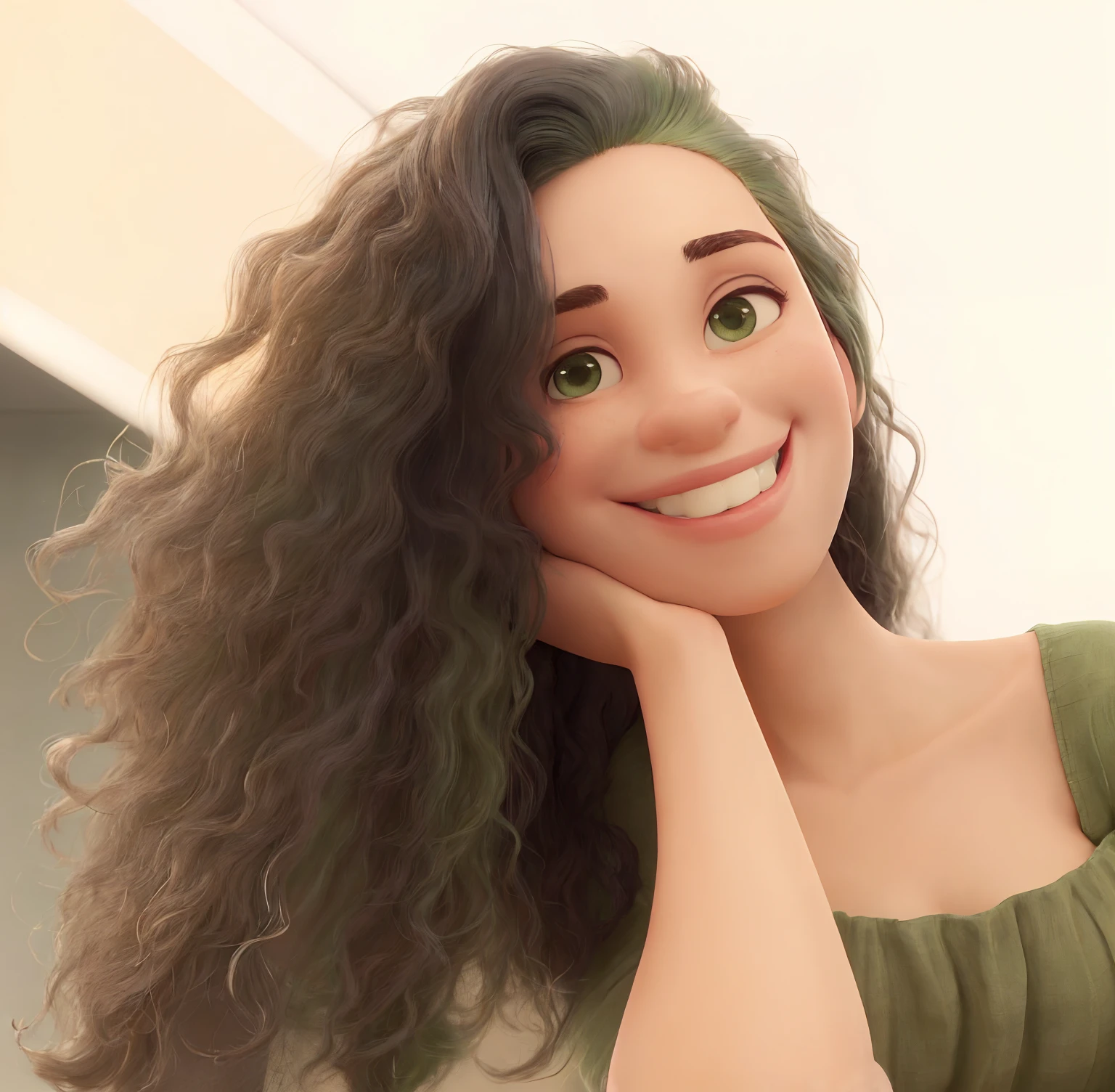 mulher sorridente com longos cabelos cacheados e uma camisa verde, bonito e sorridente, Parece Fabiula Nascimento, foto de perfil headshot, selfie de uma jovem mulher, Directed by: Nandor Soldier, com longos cabelos cacheados, happily smiling at the camera, Alanis Guillen, Malika Favre, messy curly hair, foto do perfil, cabelos cacheados