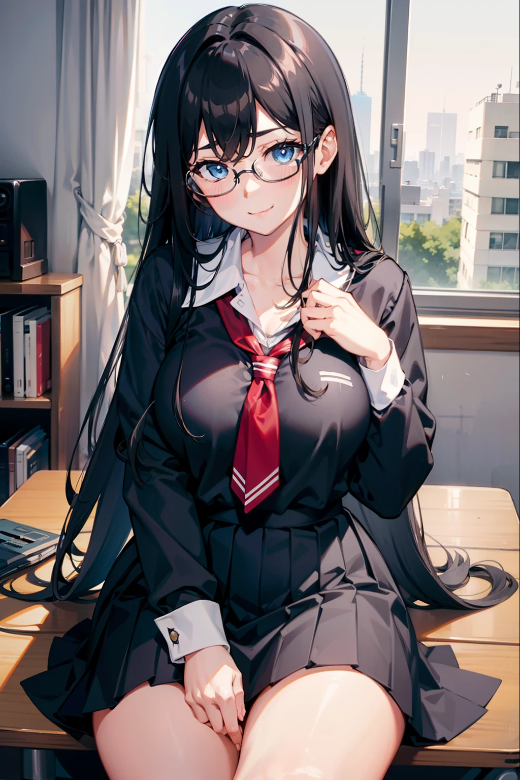 solo, long hair, black hair, shy smile, blue eyes, sitting, (curvy body), immense blushing, up-close view, school uniform, glasses, school library background
