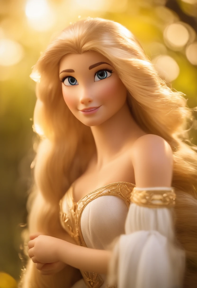 Rapunzel is looking directly at the camera, inclinando-se pela direita, e pisca brincando. Rapunzel Sexy, Rapunzel directly in front of the camera, (Solto _Hair: 1.9), Winks jokingly at the camera, figura da ampulheta, Roupa verde da ilha, ao ar livre, Praia, Sunset