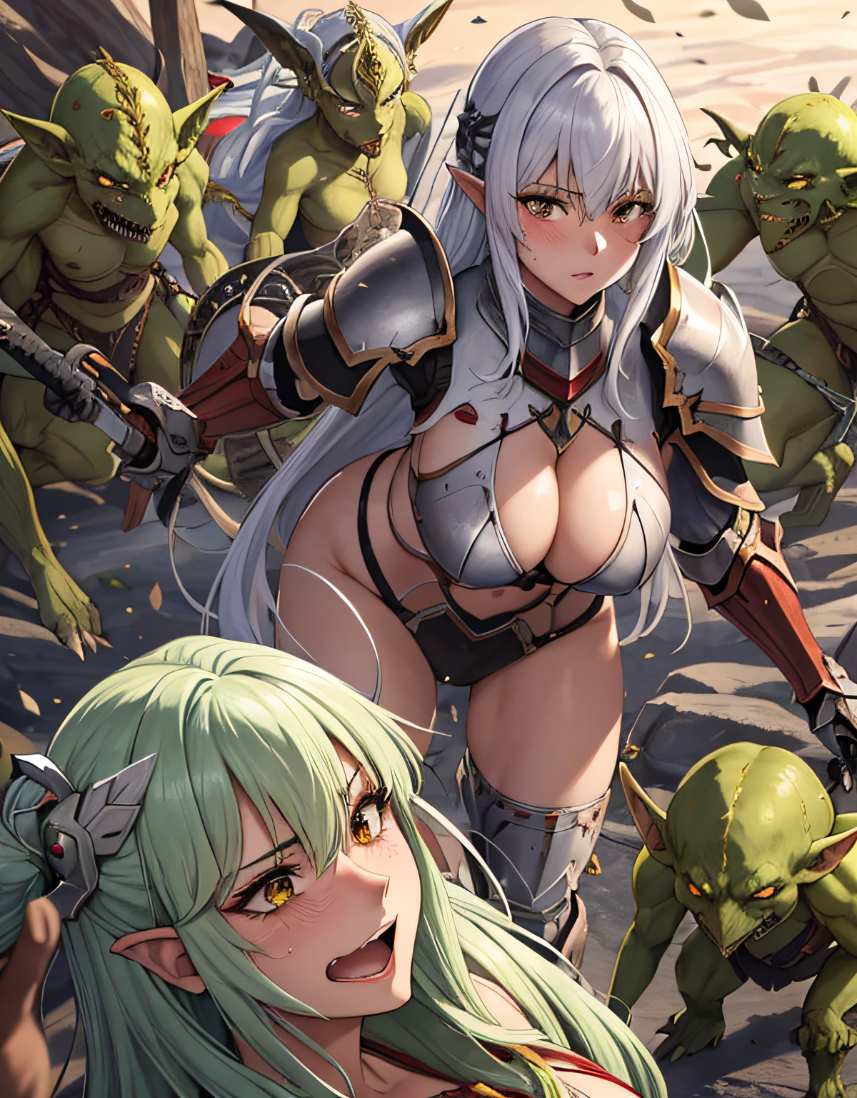 1 mature female,25yo,long silver hair,(injured female paladin surrounded and attacked by multiple goblins during a battle),goblin,monster,green skin,(red blush,crying),((broken paladin armor)),dynamic pose,dynamic angle