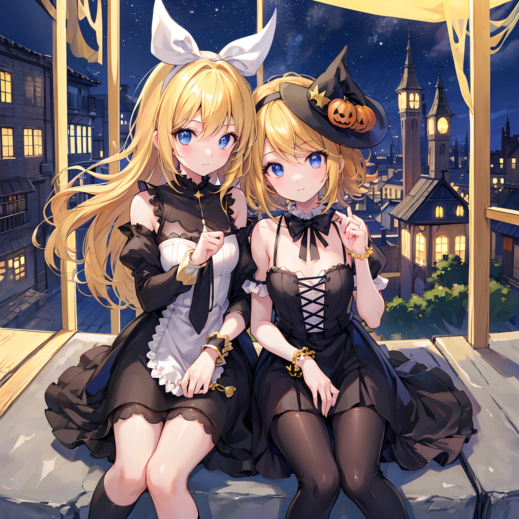 en 8K、highest qualityr、obra maestra、Ultra-detallado、Ultra-high resolution、((1 personas))、kagamine rin 、halloween, vestimenta de momia (traje revelador)、una rubia、Cabello trenzado、vestido negro、hombros desnudos、escote de la mama、Makeups、sombras de ojos、Una pulsera、Ciudad medieval、Sit on the roof、gato negro