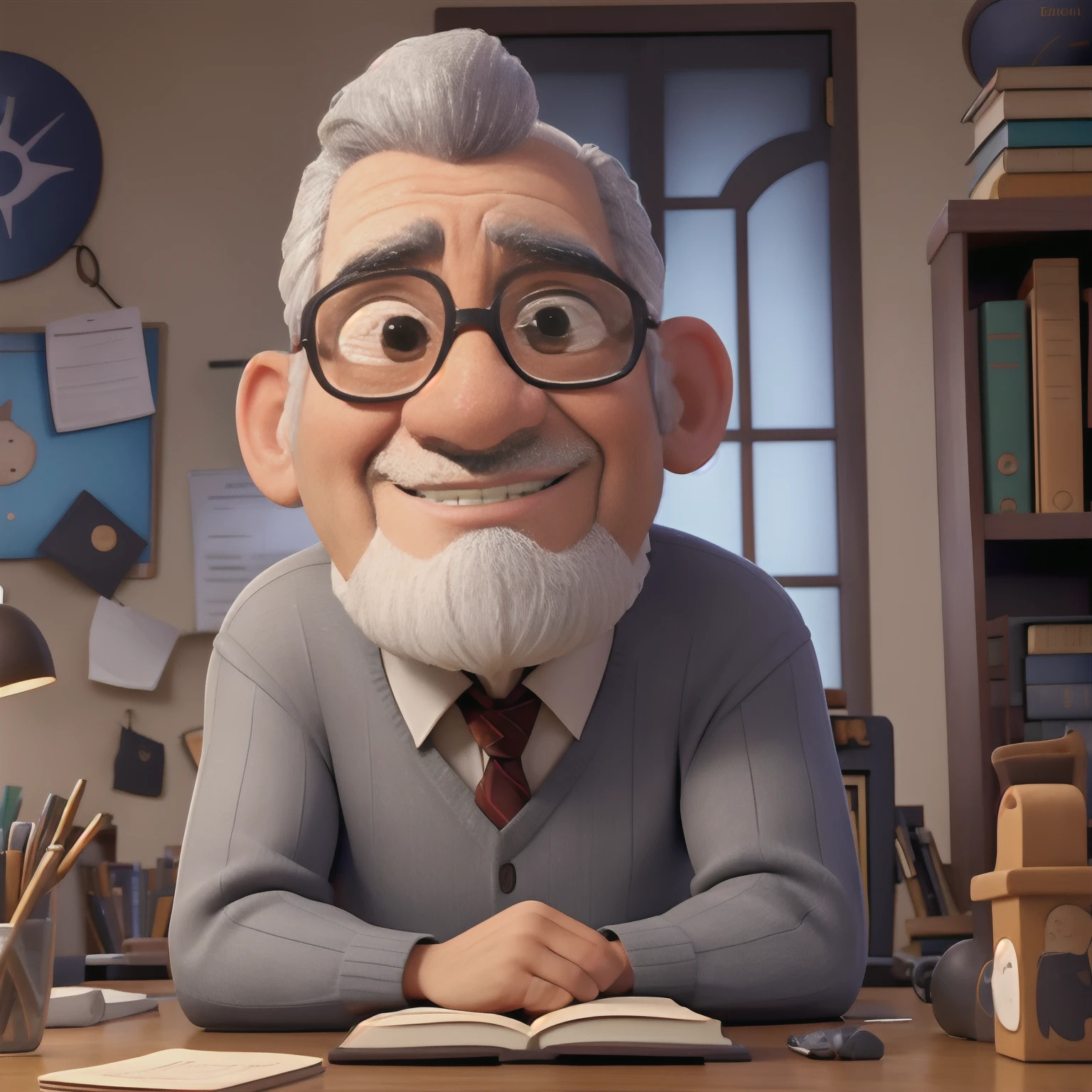 velho, inspirado na Disney Pixar, Inspirado pelo pastor ( Rubens Janeiro ) A gray-haired man wearing glasses in an office with a book on the table looking to the serious future, old man, cabelos grisalhos, um terno