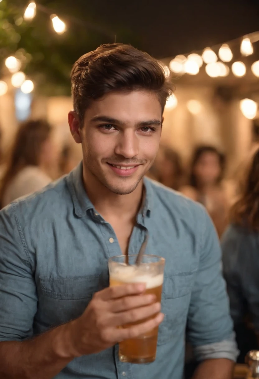 Um homem jovem de 20 anos de uma cidade pequena, chegando em uma cidade nova, de tardezinha, vendo um comedy bar do outro lado da rua, com malas, e uma bolsa de bebidas pendurada no ombro. Na rua tem uma boate, faculdade, bares, predio de moradores.