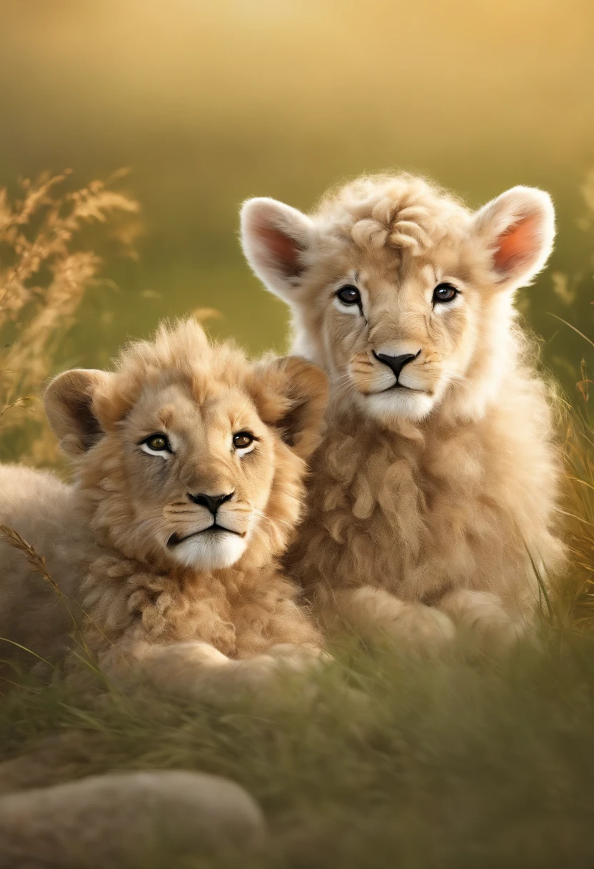 (Ultra-detailed, hight resolution:1.2), Realistic, detailed fur, Adorable lamb, Playful lion, lush grass, Peaceful Meadow, gentle sunlight, Warm color palette, Fun interaction, Cute and innocent, Harmonious scene, Animal friendship