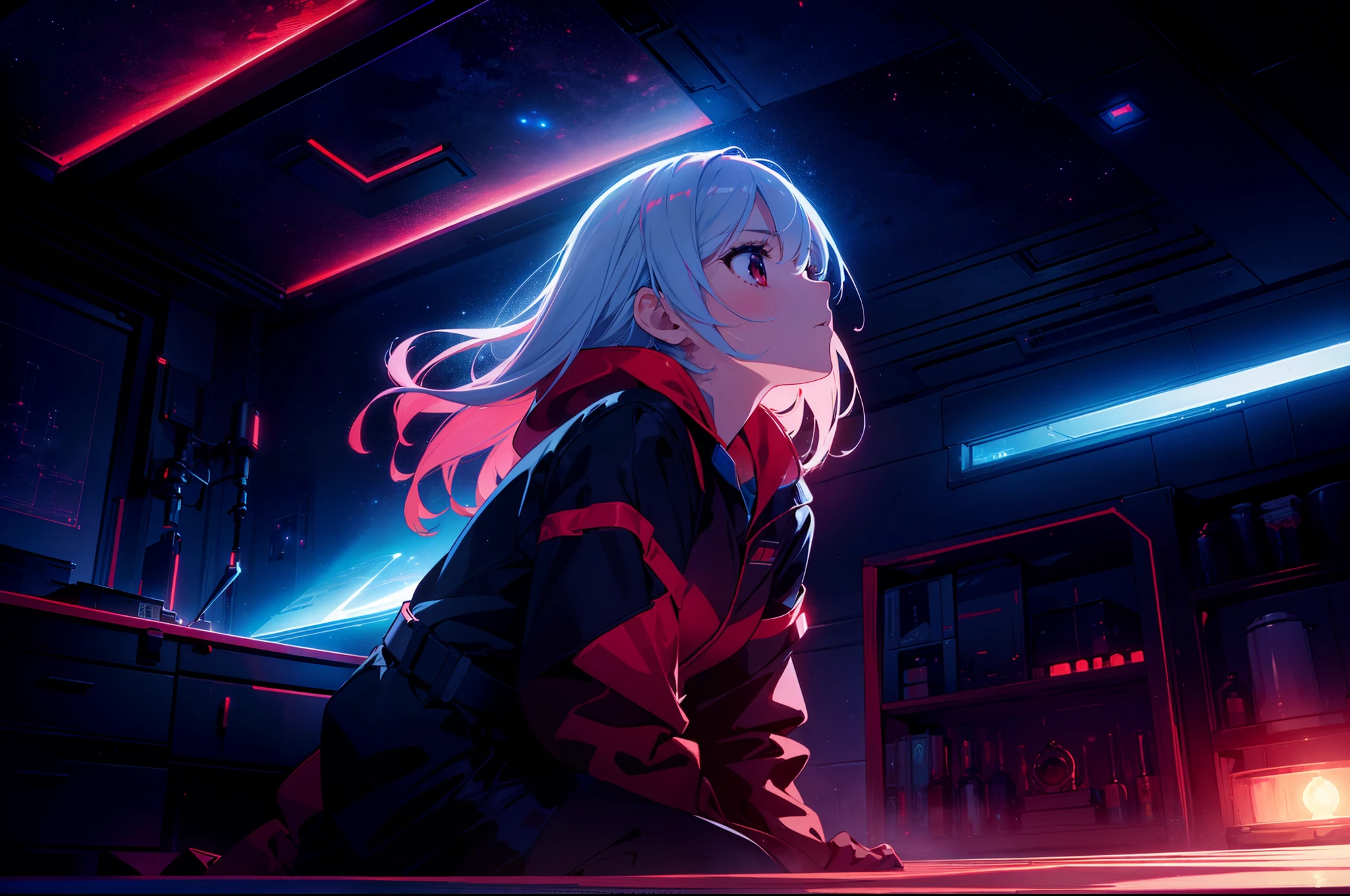 1 girl ,sitting ,(looking up sky), ((red and blue lighting)),cinematic lighting , cinematic angle , ((scientific city)), (((sci-f))), ((masterpiece)), ((best quality)), ((ultra-detailed)), (illustration), ((an extremely delicate and beautiful))