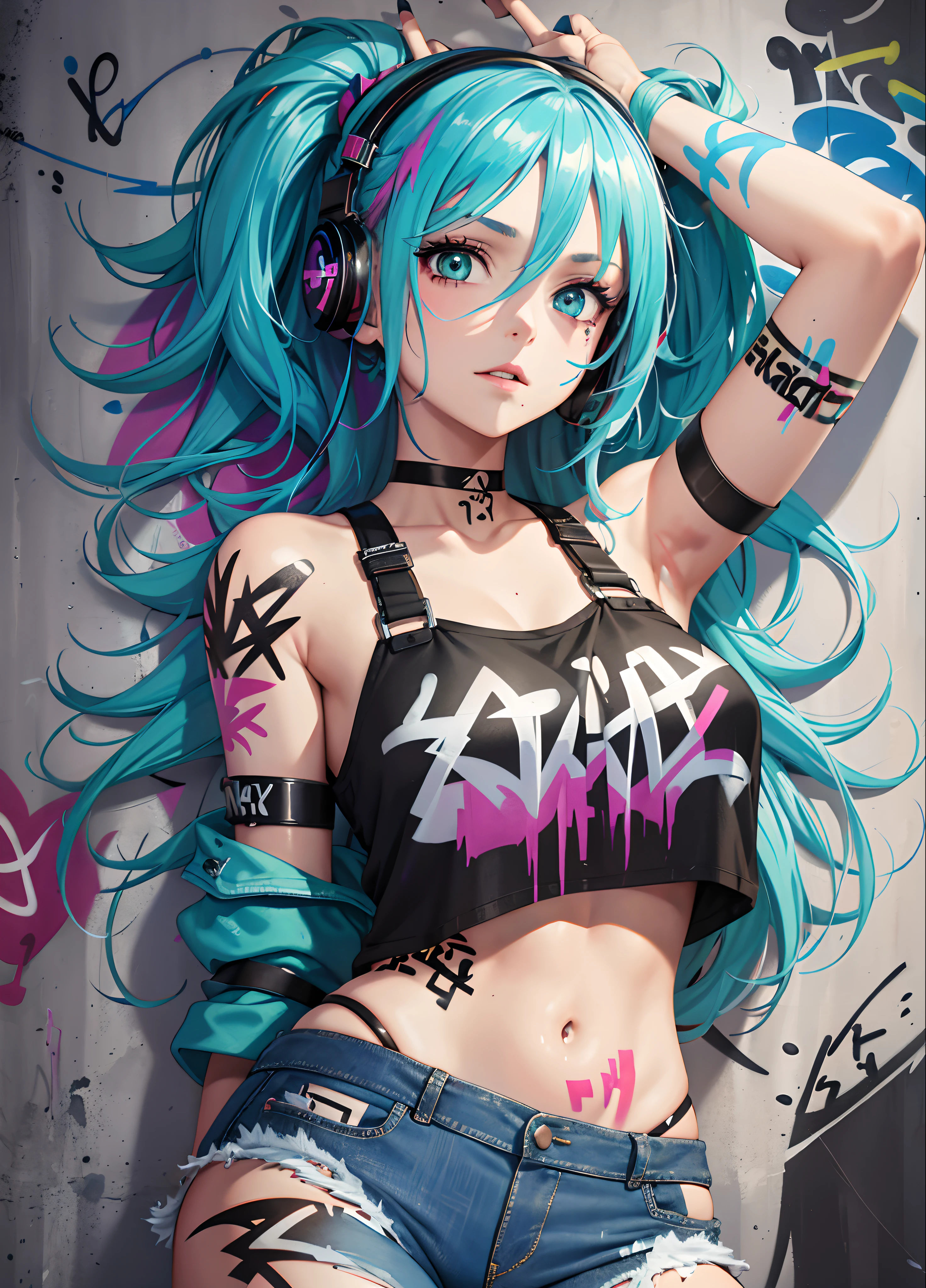 masterpiece, highest quality, One girl, alone, Crop top, No panties vagina, choker, Spread your legs,Character portrait, View Viewer, Armband, Thigh straps, boredom, Multicolored Hair, Aqua Eye, headset,Graffiti wall with paint art,Tattoo,Open your mouth,Grinning face