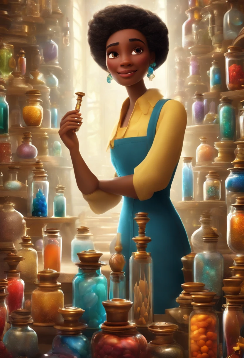 A collector of ideas inspired by Pixar animation, de perto. She is surrounded by a collection of magic vials, each containing a unique idea. The focus is on the character, with a captivating facial expression, Against a backdrop of shimmering, cores efervescentes.