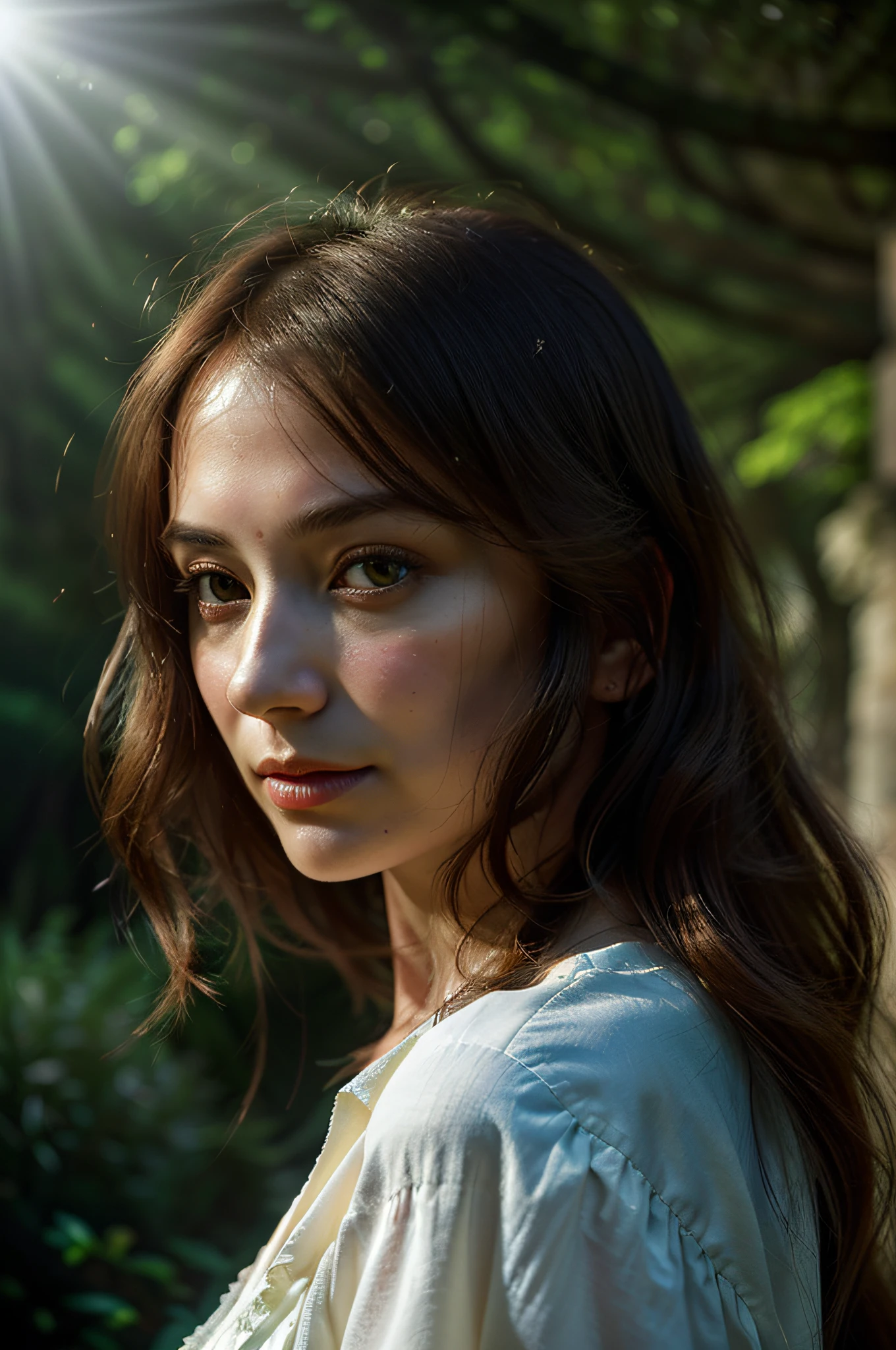 high quality, 8K Ultra HD, hyper-realistic, full body, A charming woman in a forest with a view of an old castle, The woman is portrayed in a moonlit setting, her features bathed in a soft, diffused glow that accentuates the delicate nuances of her expression. The artist, drawing from Sargent's precision, captures every subtle contour of her face, the intricacies of her gaze, and the cascading strands of her hair, In this mysterious ambiance, the artist employs da Vinci's mastery of shadow and light, creating an alluring interplay that accentuates the enigmatic aura surrounding the woman, Shadows dance across her features, enhancing the depth of her gaze and adding a touch of secrecy to the composition, by yukisakura, highly detailed,