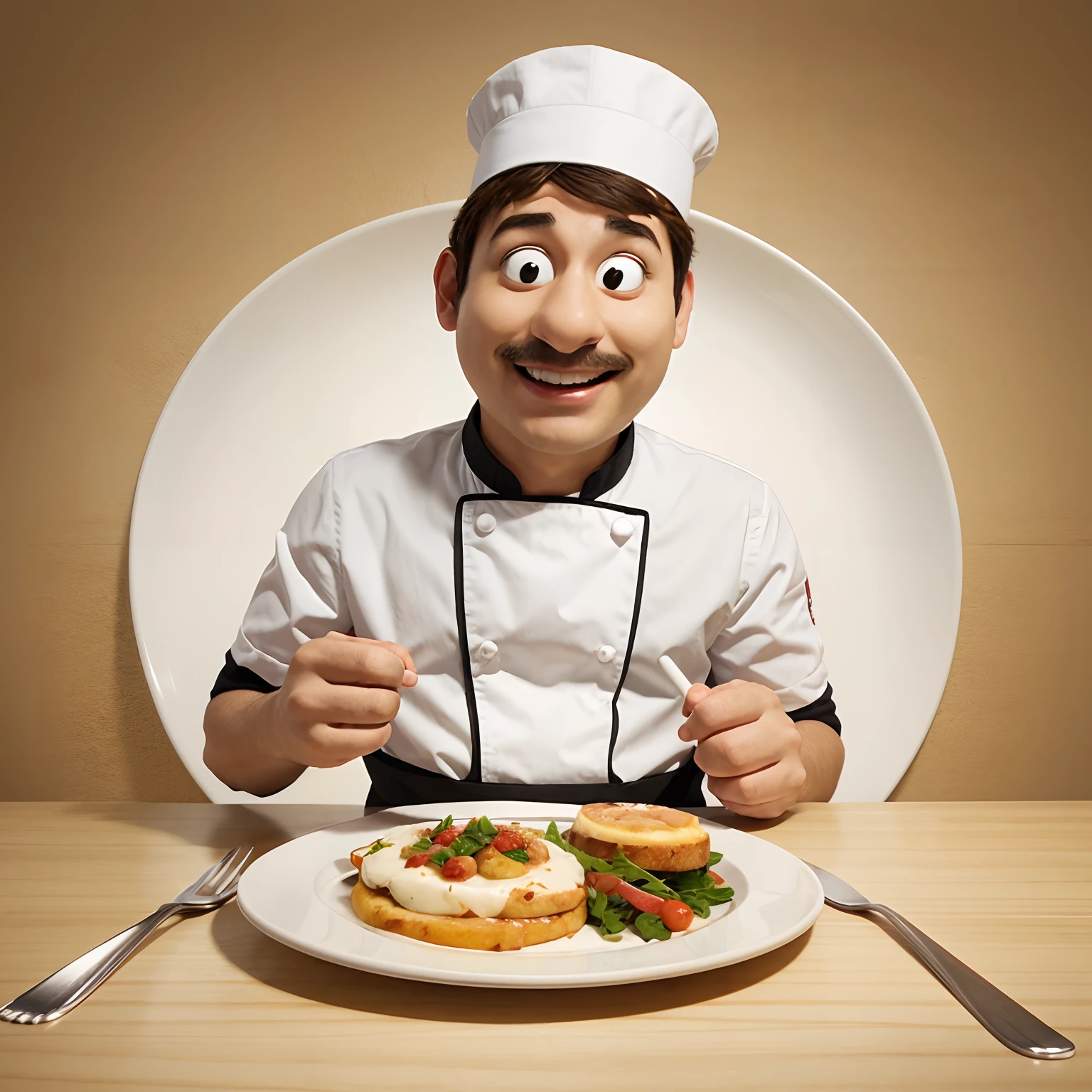 An animated funny chef with empty plate and no food vector art