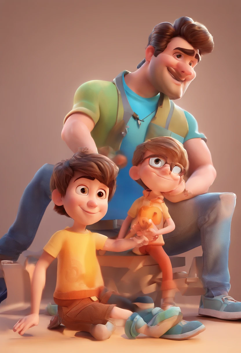 Estilo Pixar: The grown man is holding a naked blue-eyed boy and in his other hand he is holding a pair of scissors and is trying to cut off the boy's testicles,3D Poster,Disney
