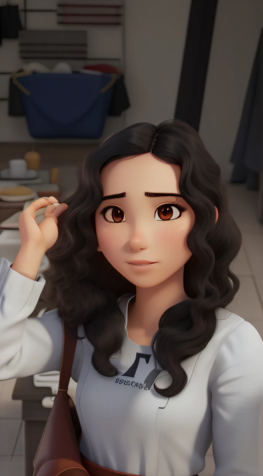 mulher sentada, , cabelo ondulado preto, cabelo ondulado comprido, minimal Asian features in the eyes, nariz fino, boca rosada e carnuda, vestimenta branca colada com mangas longas, rosto em formato de V, mulher bonita, messy curly hair, You're in a room
