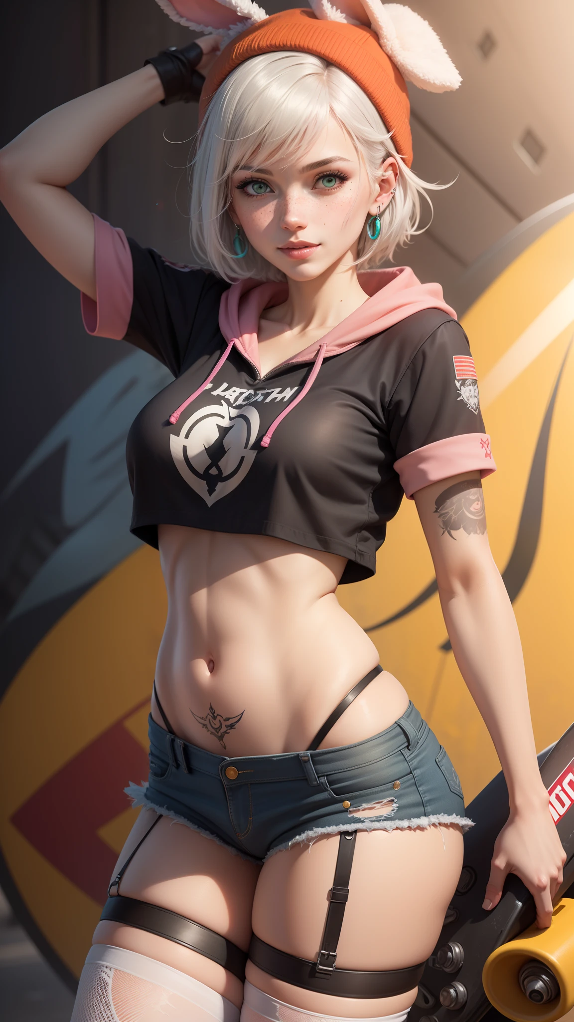 gwen tennyson,tracer,yorha 2b,y'shtola rhul,overwatch,nier automata,mecha pilot,skatepark,tattoos,orange and pink plugsuit,white short sleeve top,denim micro shorts,garter belt, uncovered belly,short hair,cute makeup,green eyes,dimensional silver hair,sexy smile,freckles,beautiful girl,large breasts,8k,ultra detailed, realistic,fantasy art,skater uniform,ear piercings,cyberpunk suit,saiyan girl, saiyan female,white short sleeve sport hoodie,bunny ear beanie,skate ramps, graffiti wall art,skate board,multicolored hair,